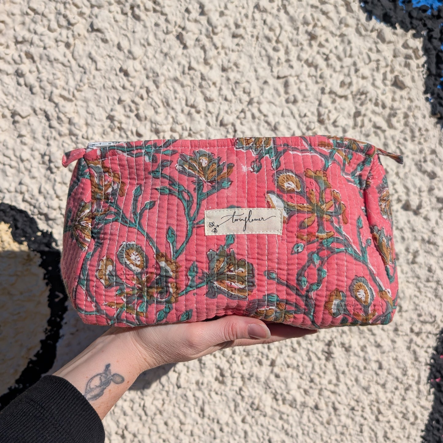 Pink Floral Block Print Quilted Large Washbag - Precious Sparkle