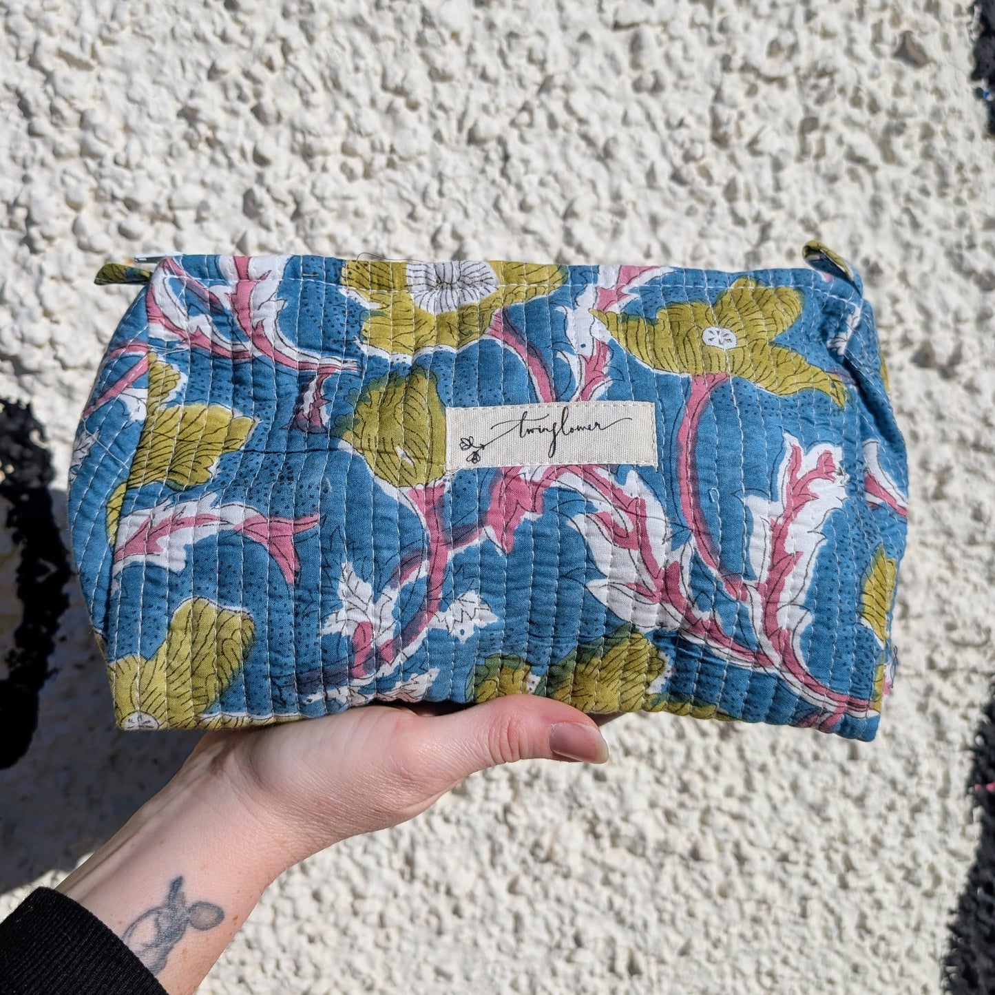 Blue & Green Floral Block Print Quilted Large Washbag - Precious Sparkle