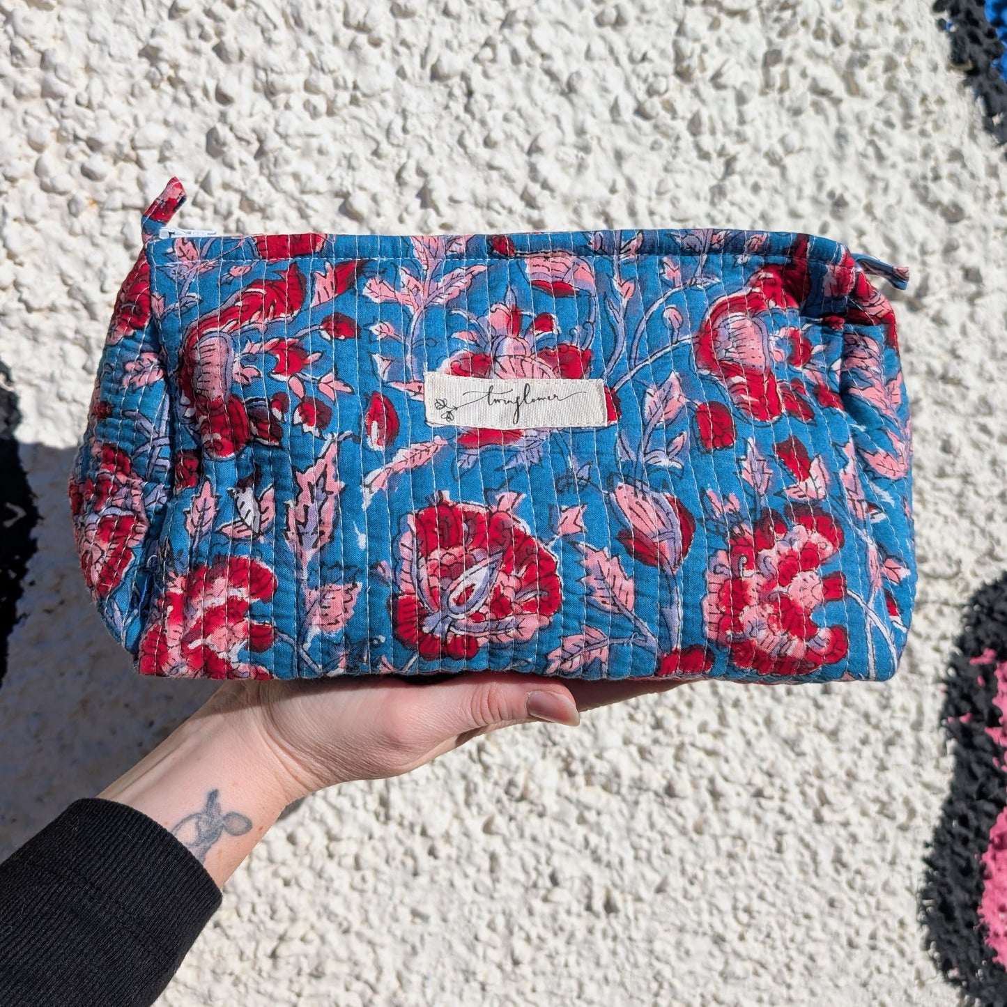 Blue & Red Floral Block Print Quilted Large Washbag - Precious Sparkle