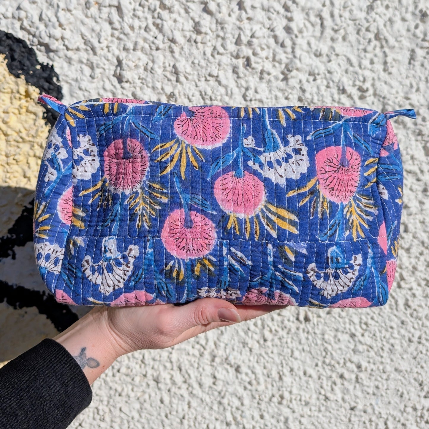 Blue & Pink Floral Block Print Quilted Large Washbag - Precious Sparkle