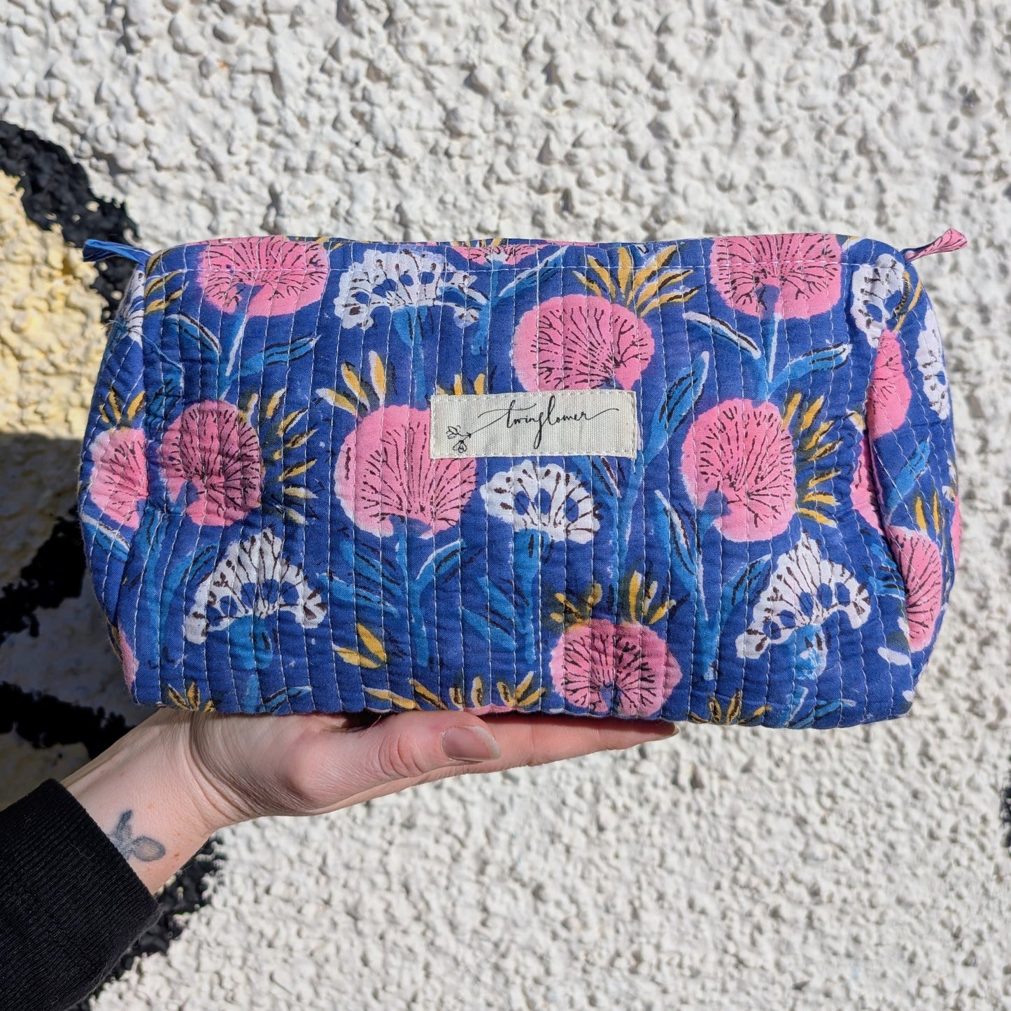Blue & Pink Floral Block Print Quilted Large Washbag - Precious Sparkle