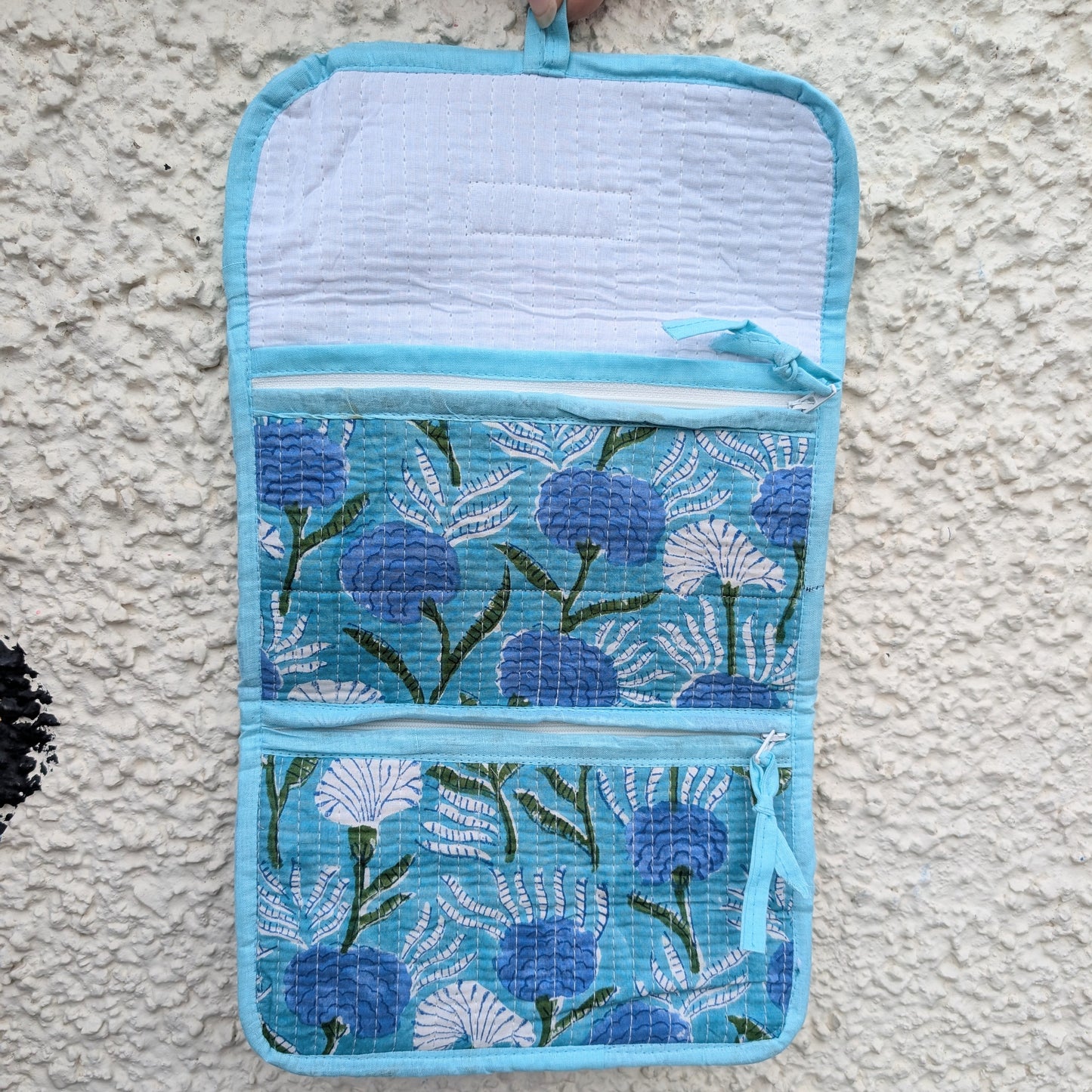 Aqua Floral Block Print Quilted 3 Fold Travel Bag - Precious Sparkle