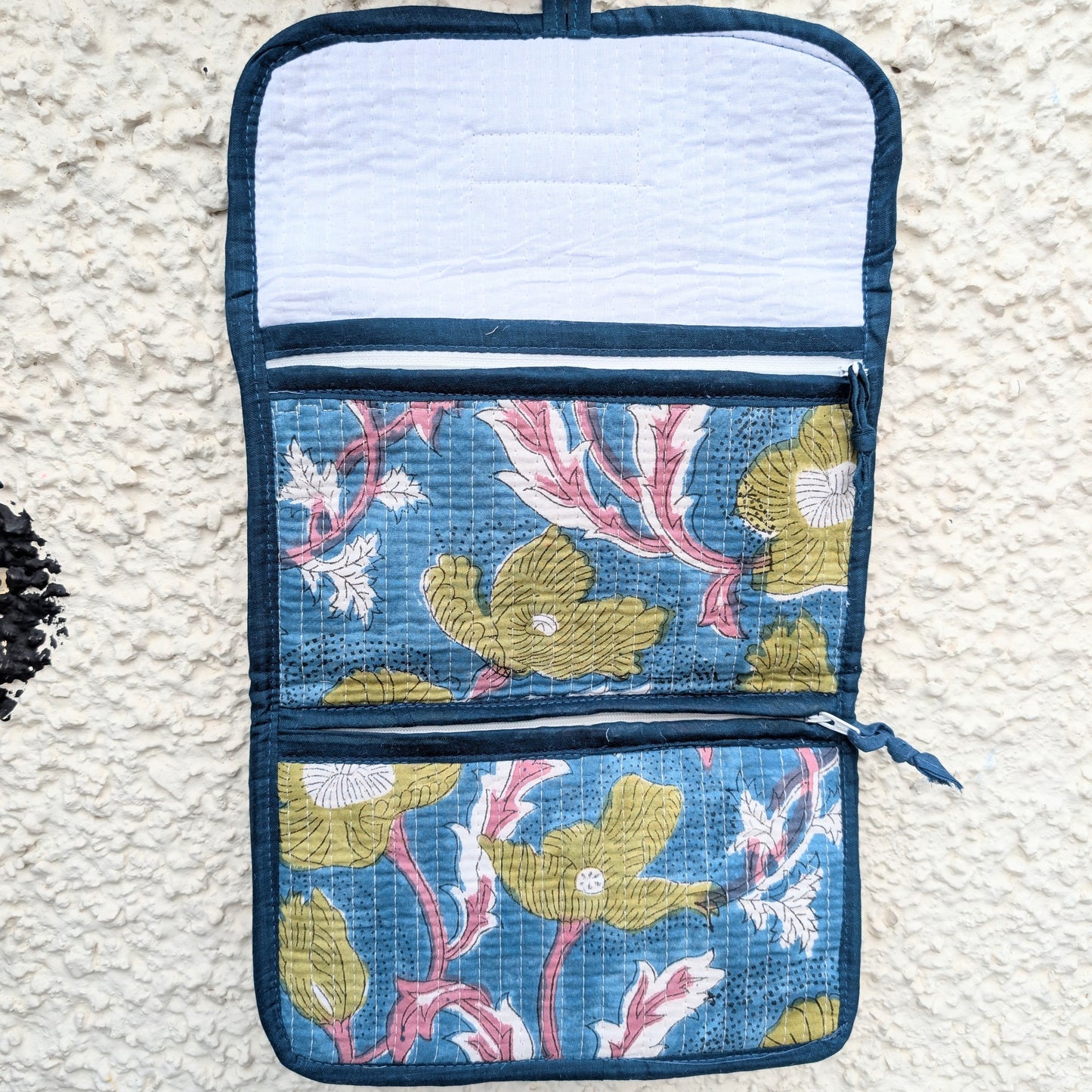 Blue & Green Floral Block Print Quilted 3 Fold Travel Bag - Precious Sparkle