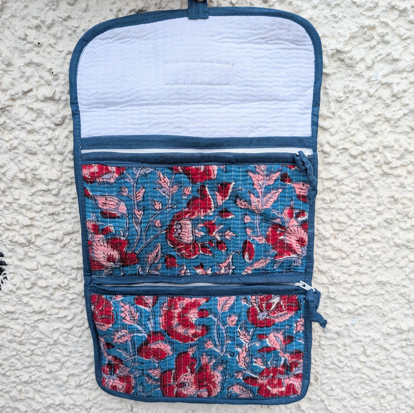 Blue & Red Floral Block Print Quilted  3 Fold Travel Bag - Precious Sparkle