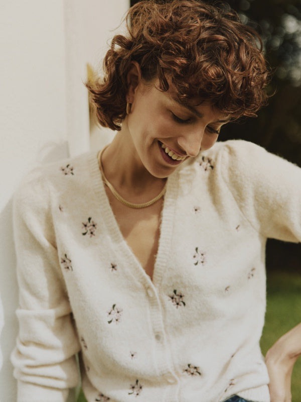 b.young Byomea Embroidered Cardigan Birch Melange - Precious Sparkle