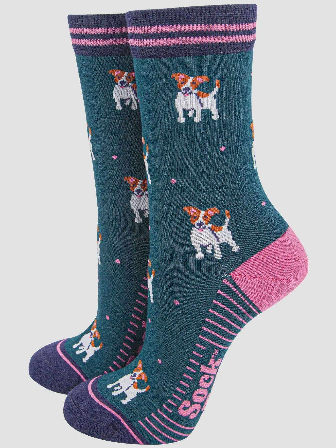 Sock Talk Women's Bamboo Socks - Forest Green/Navy, Jack Russell - Precious Sparkle