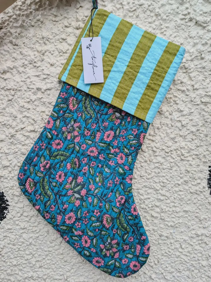 Large Christmas Stocking Block Print Floral Blue & Pink - Precious Sparkle