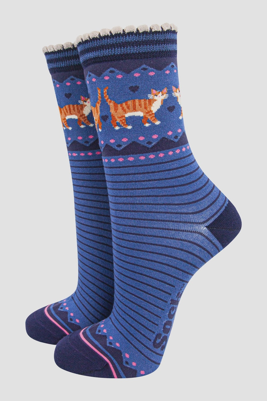 Sock Talk Women's Bamboo Socks- Denim Blue, Ginger Cats