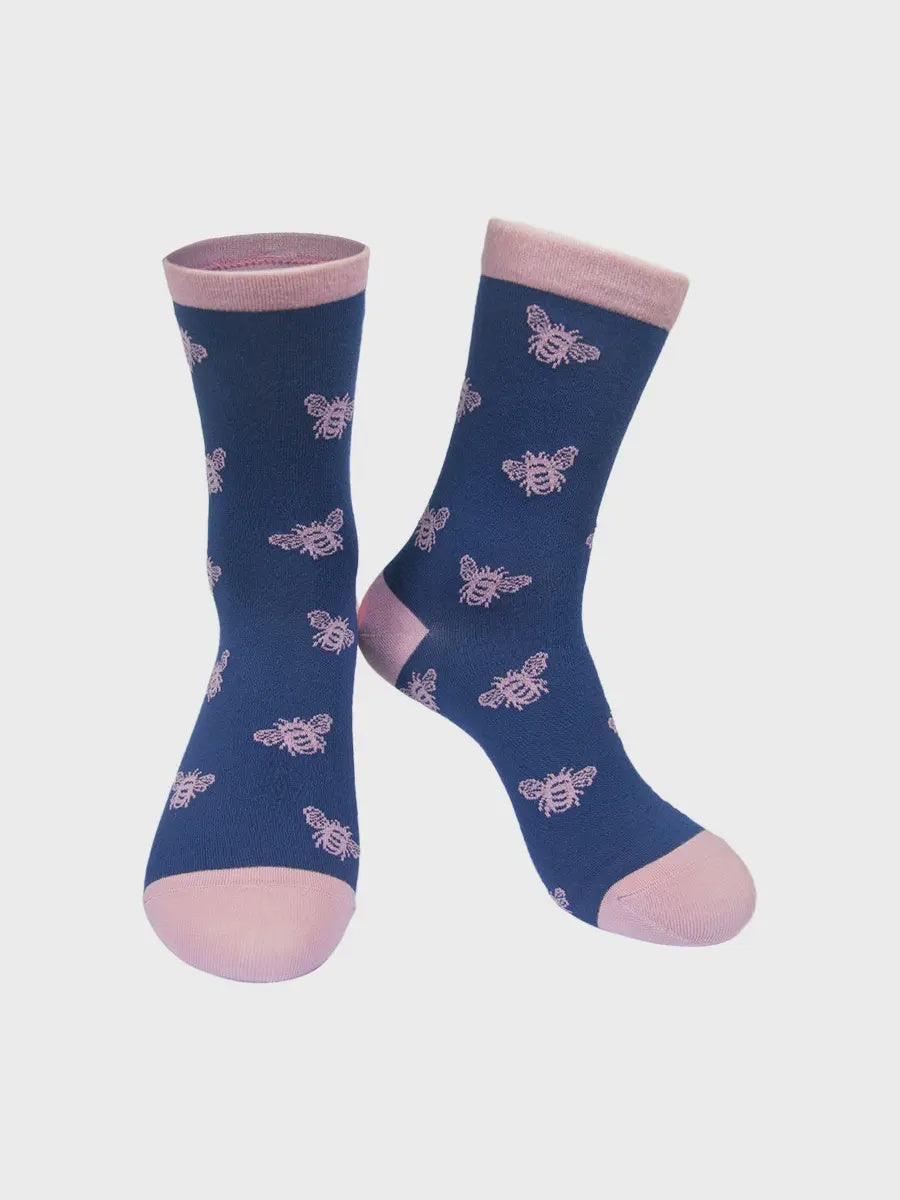 Sock Talk Women's Bamboo Socks Blue/Pink Repeat Bee Print - Precious Sparkle