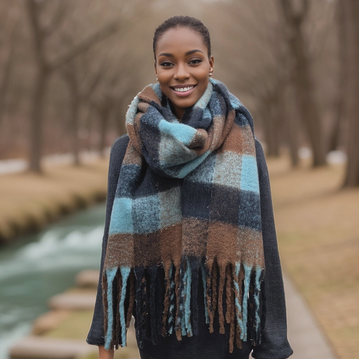 Agung Super Thick Boxes Winter Scarf Chocolate/Blue - Precious Sparkle