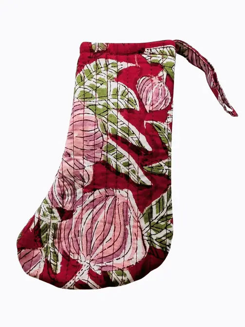 Mini Christmas Stocking Block Print Floral Red & Pink - Precious Sparkle