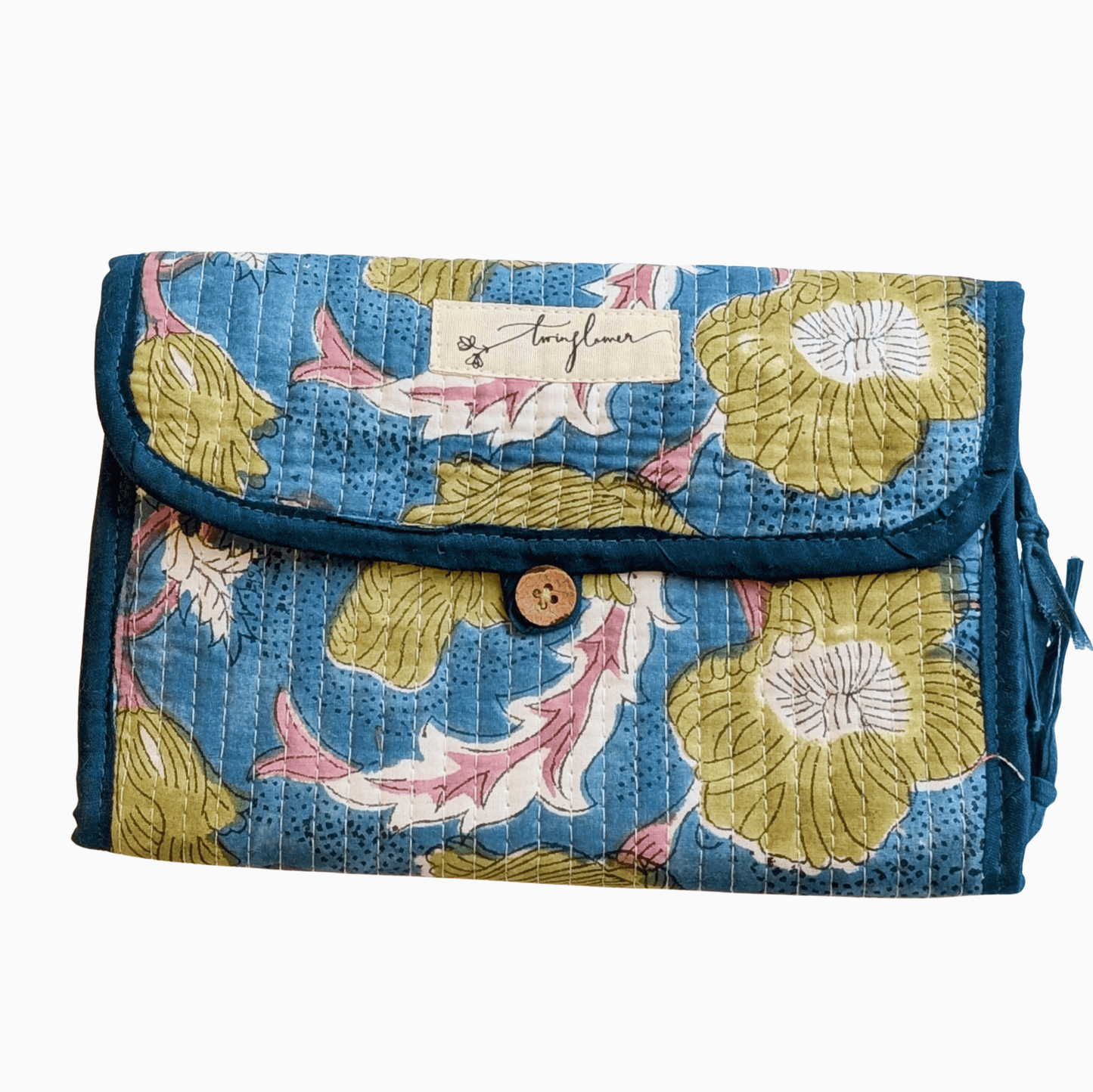 Blue & Green Floral Block Print Quilted 3 Fold Travel Bag - Precious Sparkle