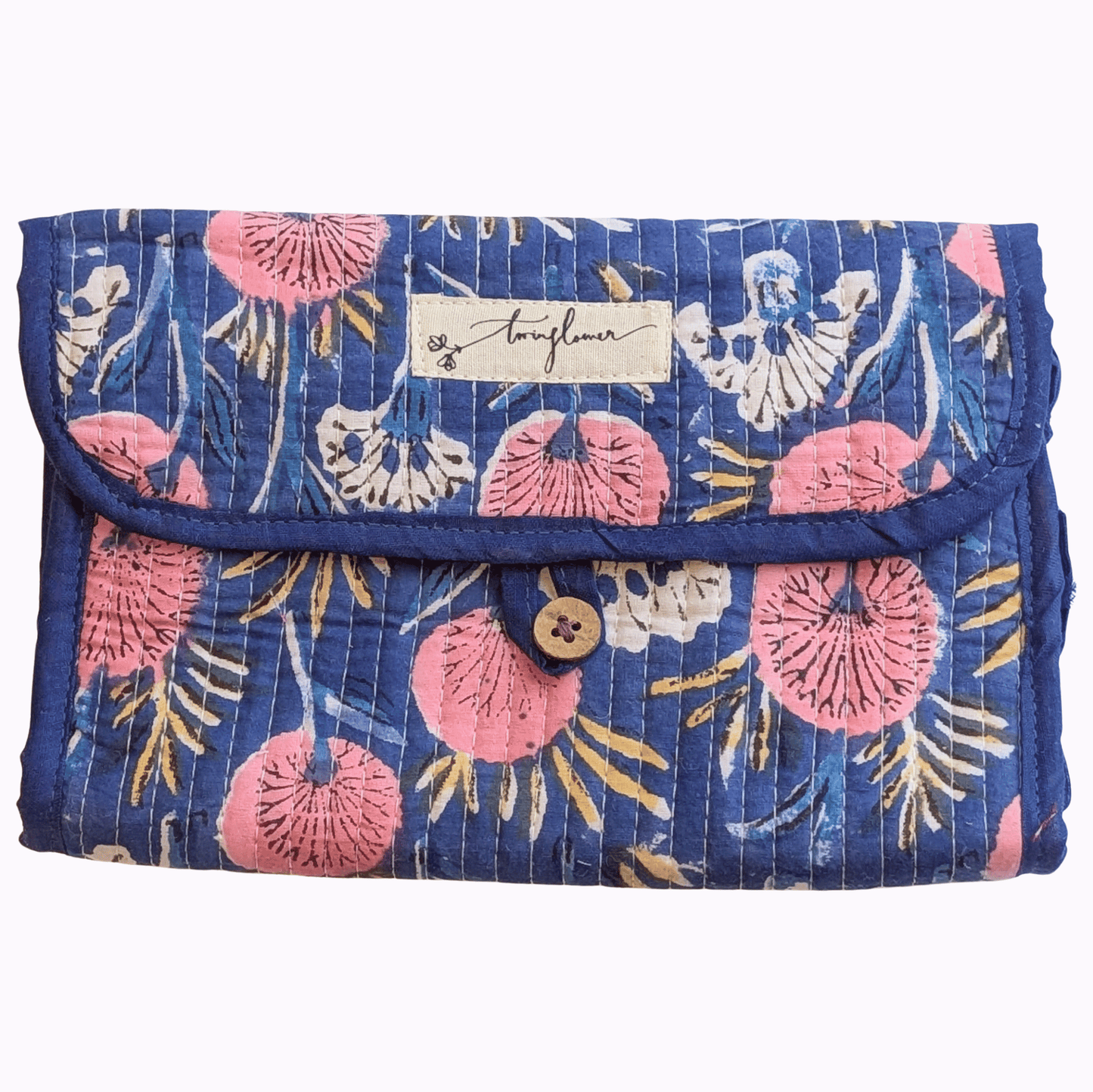 Blue & Pink Floral Block Print Quilted 3 Fold Travel Bag - Precious Sparkle