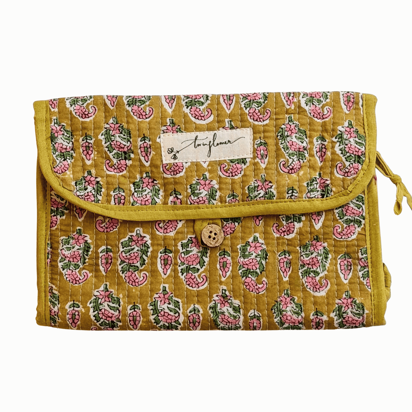 Yellow & Pink Flower Block Print Quilted 3 Fold Travel Bag - Precious Sparkle