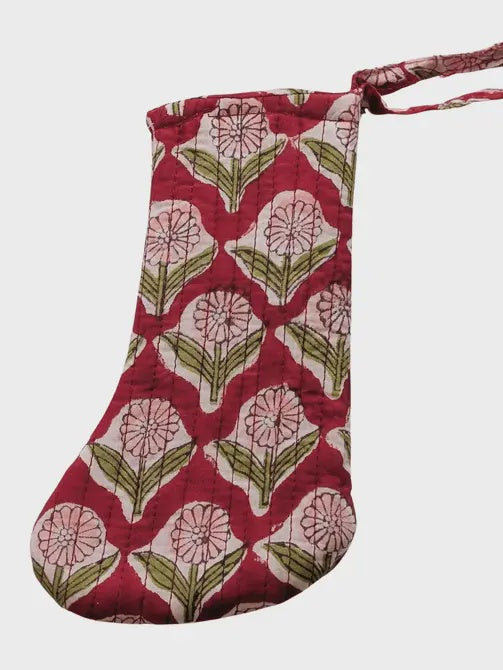 Mini Christmas Stocking Block Print Floral Red - Precious Sparkle