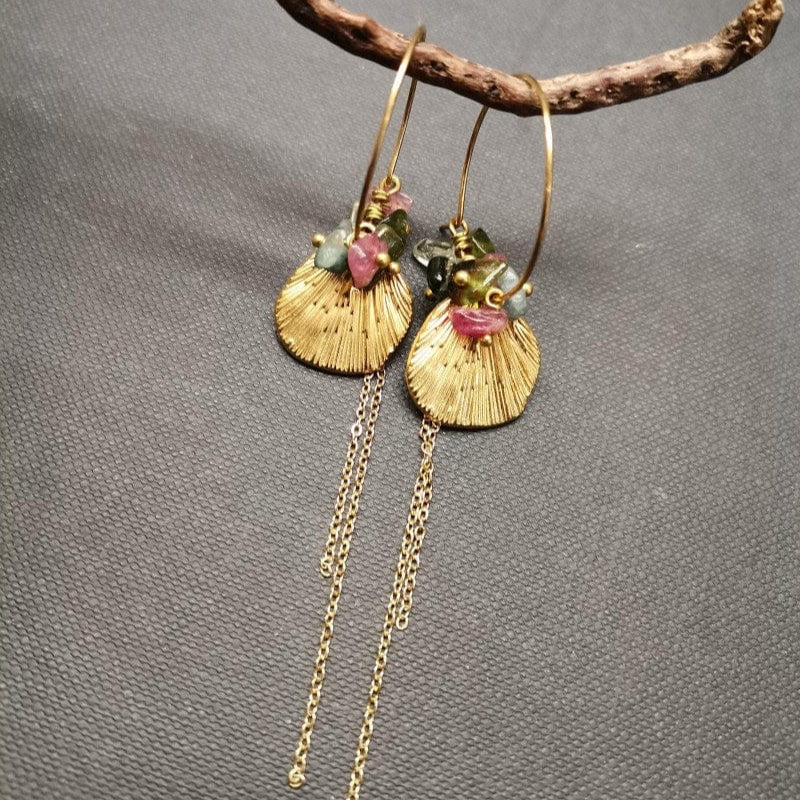 Atelier Piou Piou Jewellery Tourmaline and Gold Shell Hoop Earrings