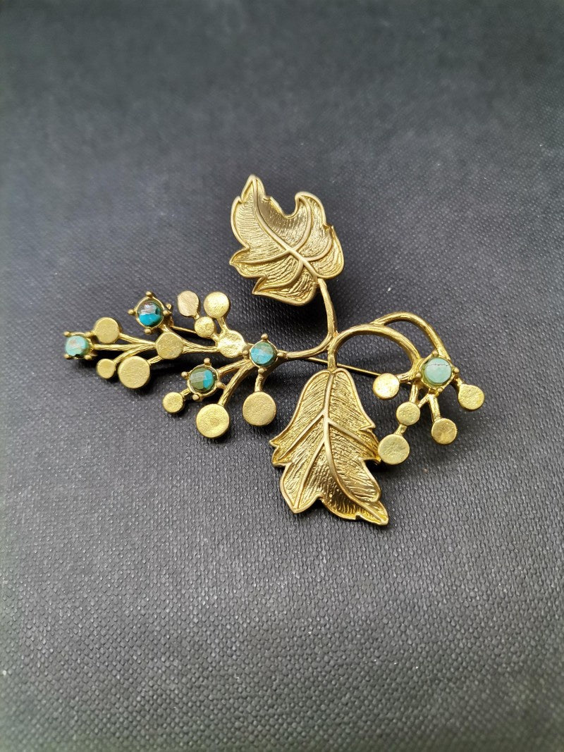 Chrysocolla Leaf & Foliage Gold Brooch - Precious Sparkle