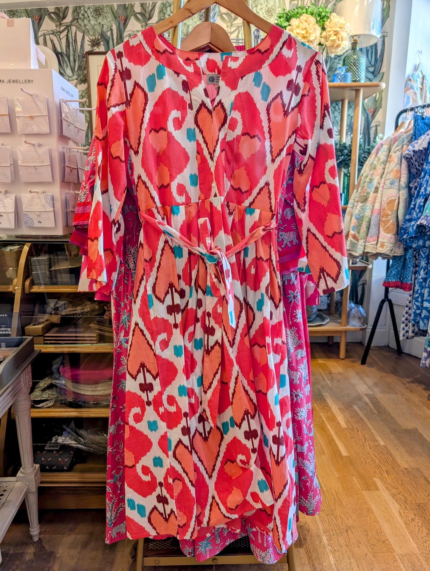 Dream Fashion Handprint Dream Apparel Clovis Dress Ford Ikat Pink Mint