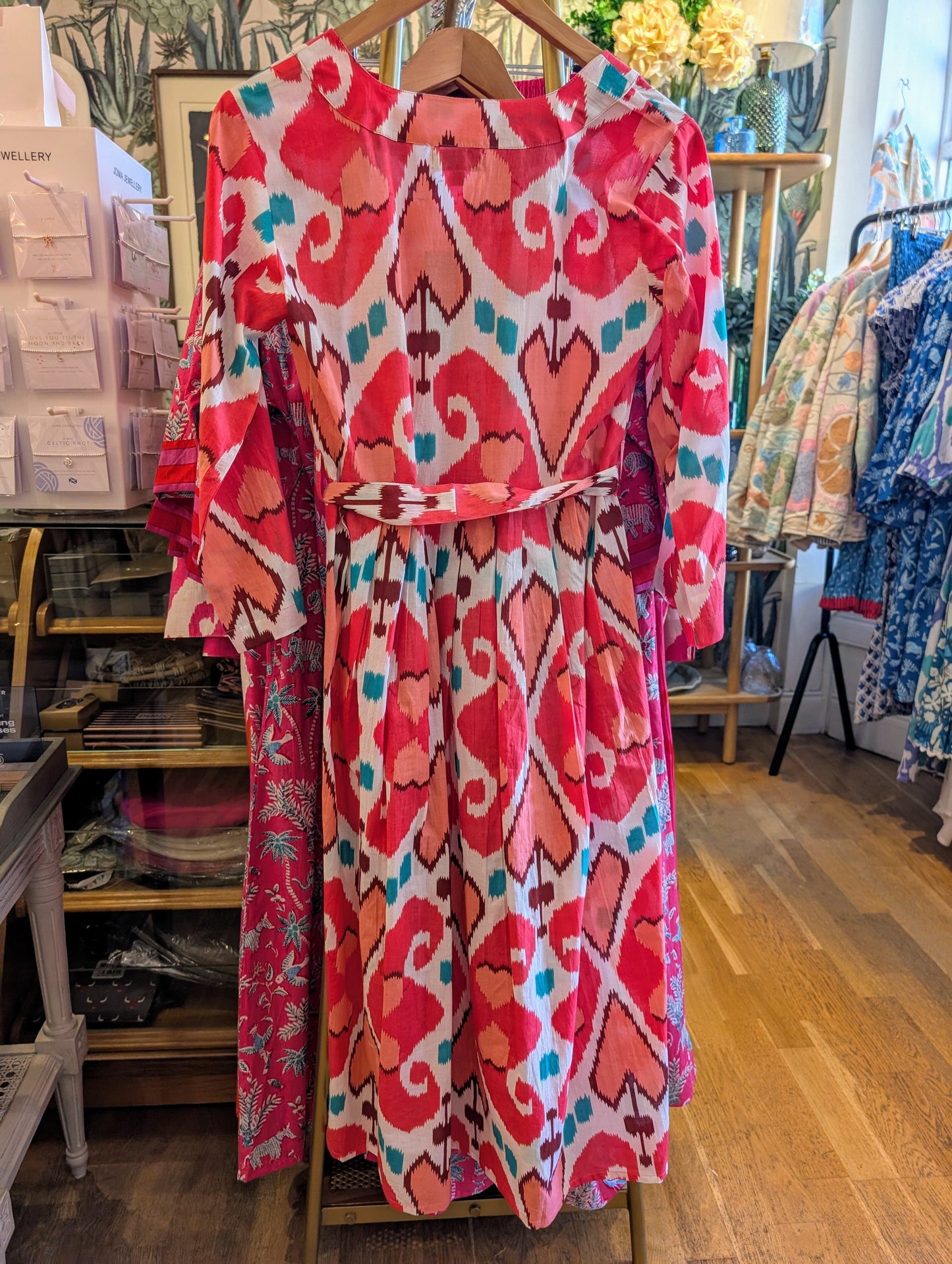 Dream Fashion Handprint Dream Apparel Clovis Dress Ford Ikat Pink Mint