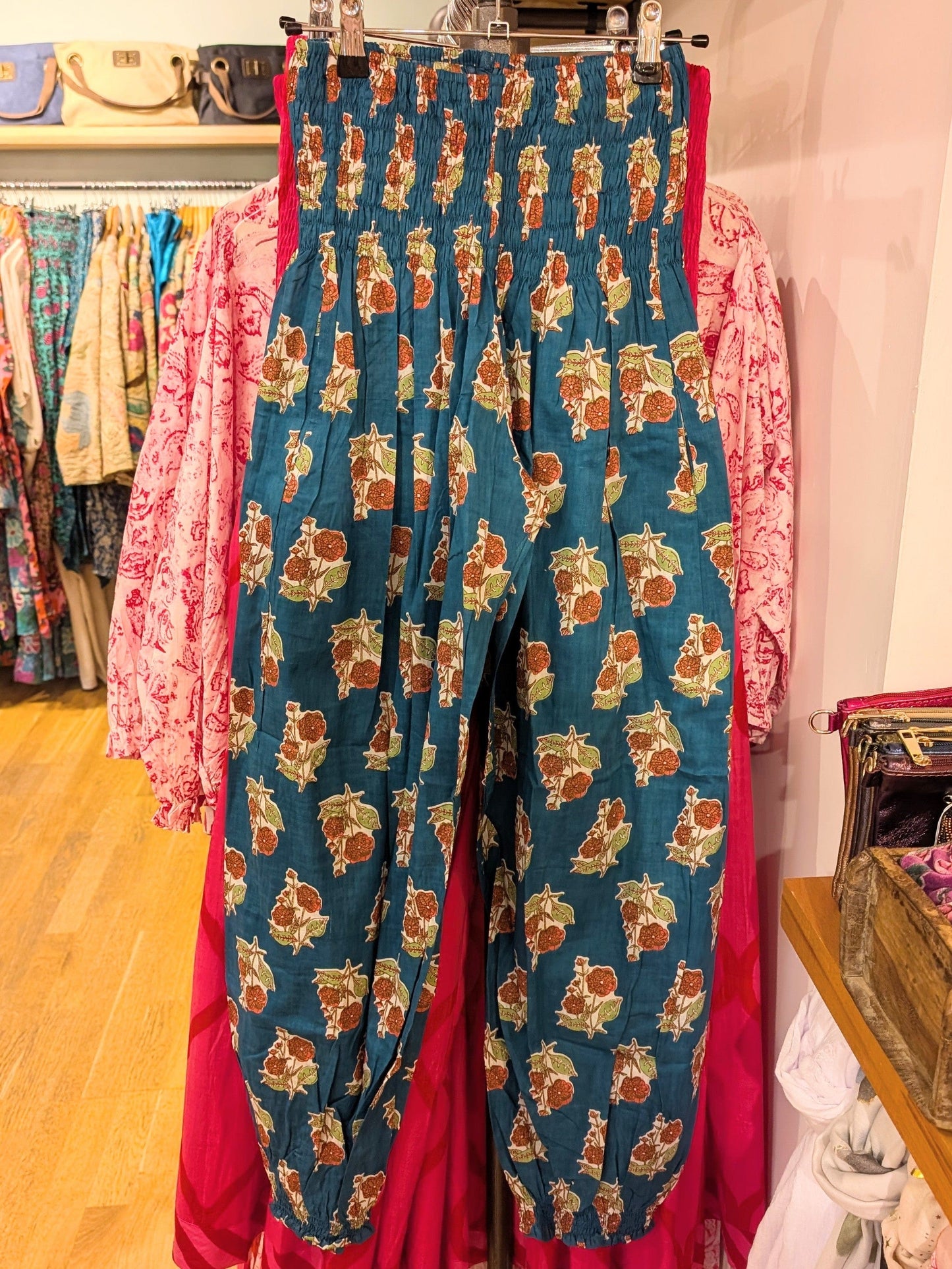 Emma's Emporium Fashion Blue Red Flower Cotton Summer Genie Trousers