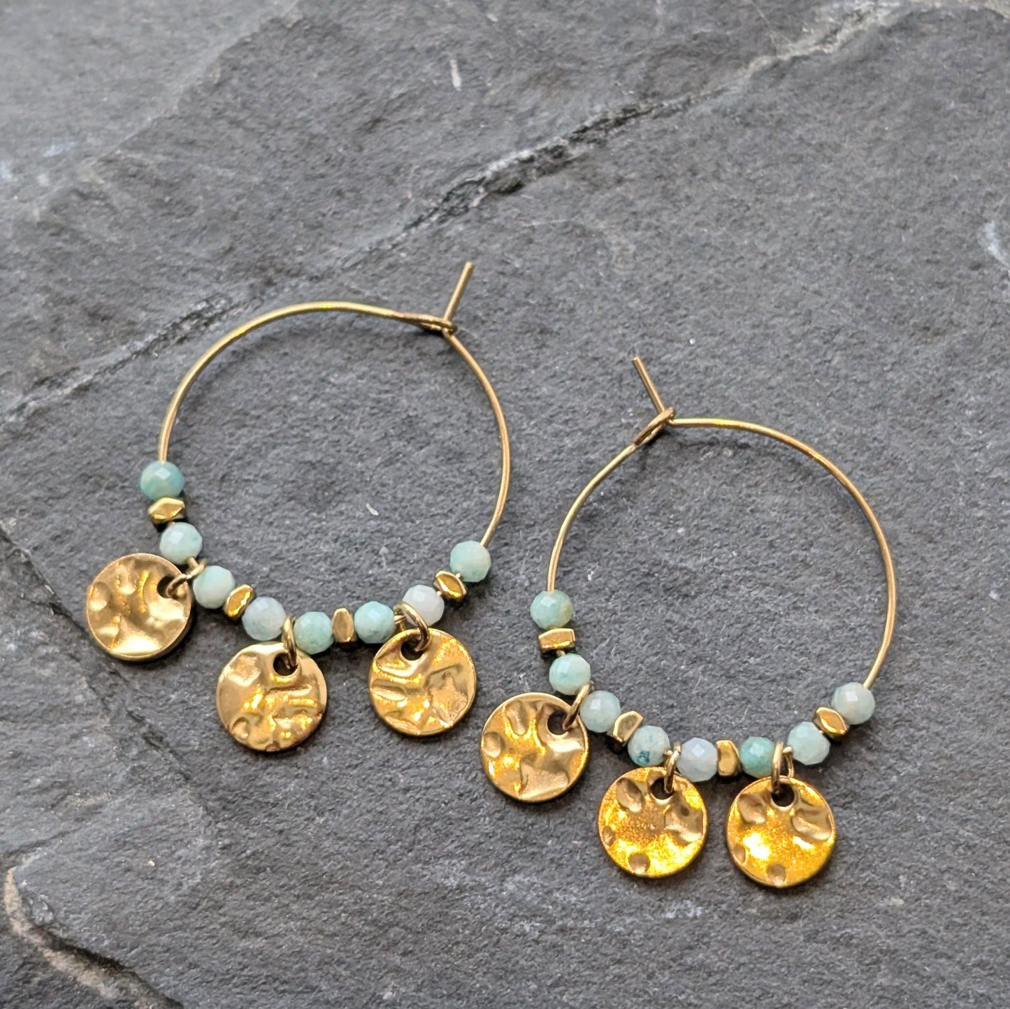 Lomina Jewellery Amazonite Beaded Hoop Earrings with Round Gold Charms
