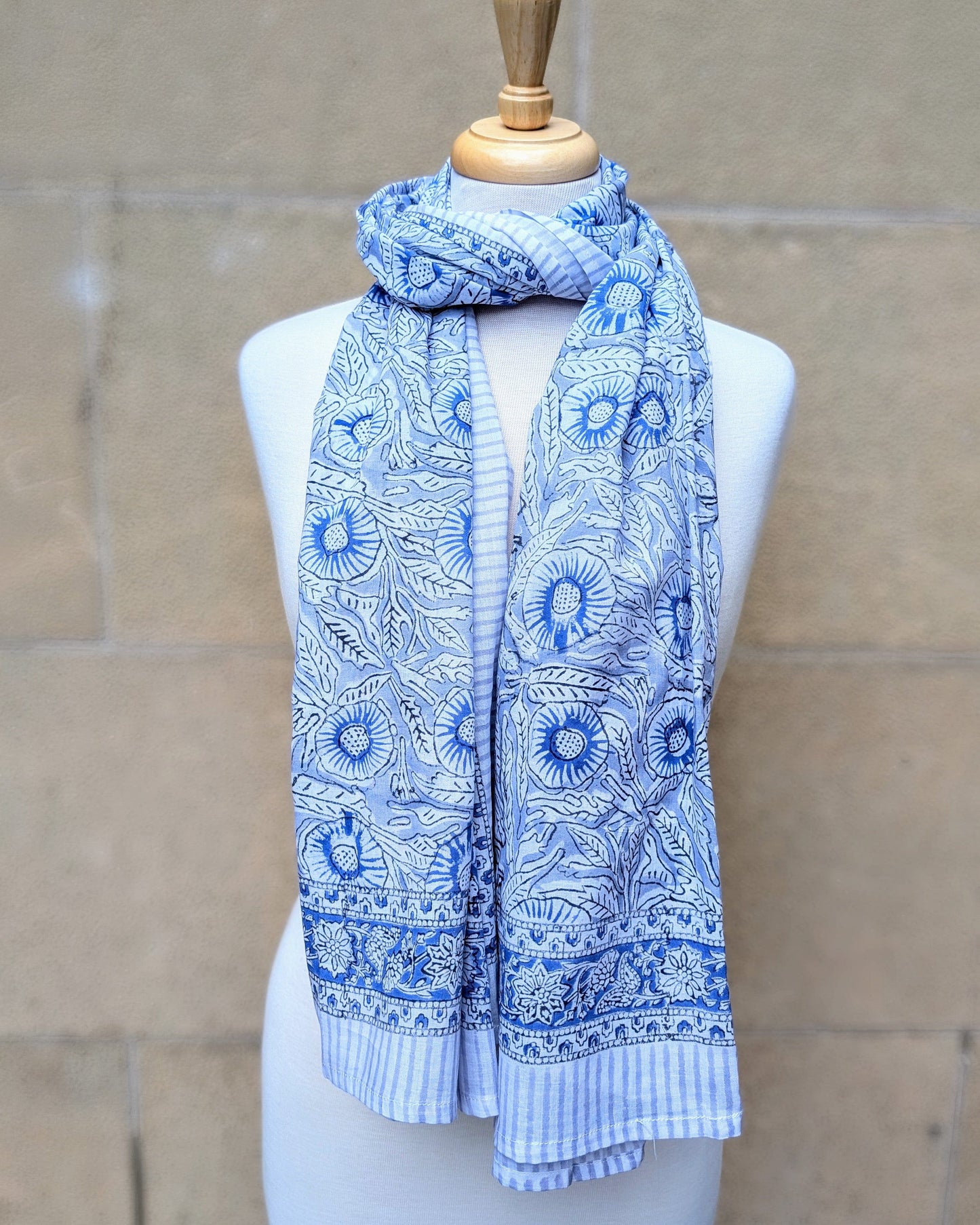 precious sparkle Accessories Blue Floral Stripe Block Print Scarf Sarong