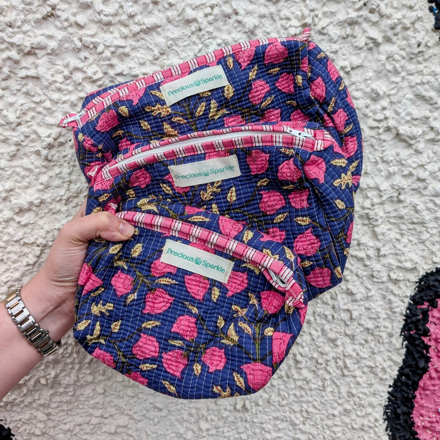 precious sparkle Accessories Blue & Pink Flower Quilted Cosmetic Bags Set of 3