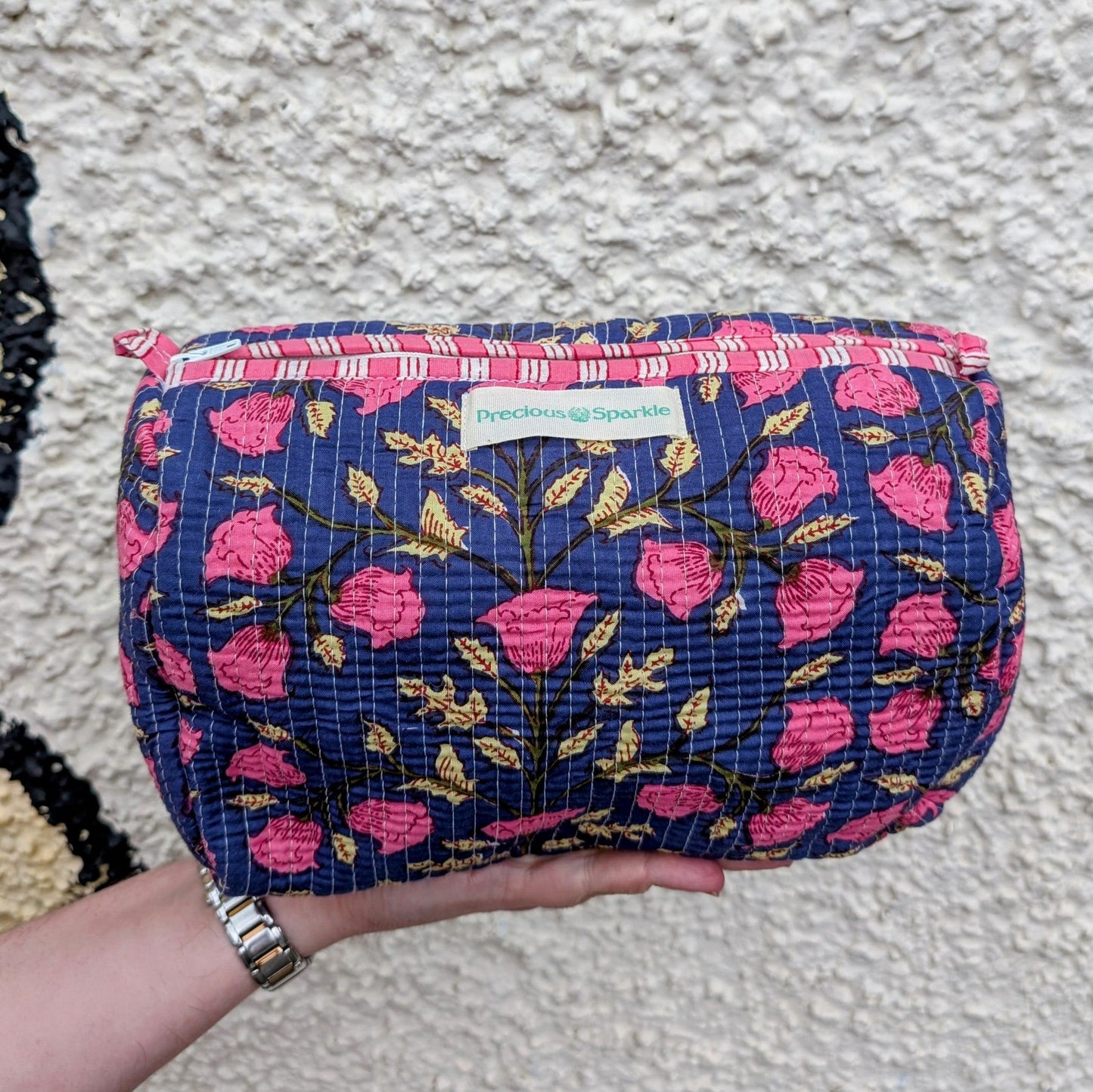 precious sparkle Accessories Blue & Pink Flower Quilted Cosmetic Bags Set of 3