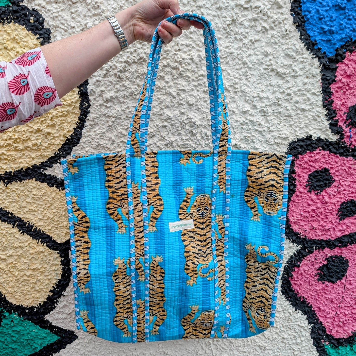 precious sparkle Accessories Cotton Quilted Indian Tote Bag Aqua Tigers