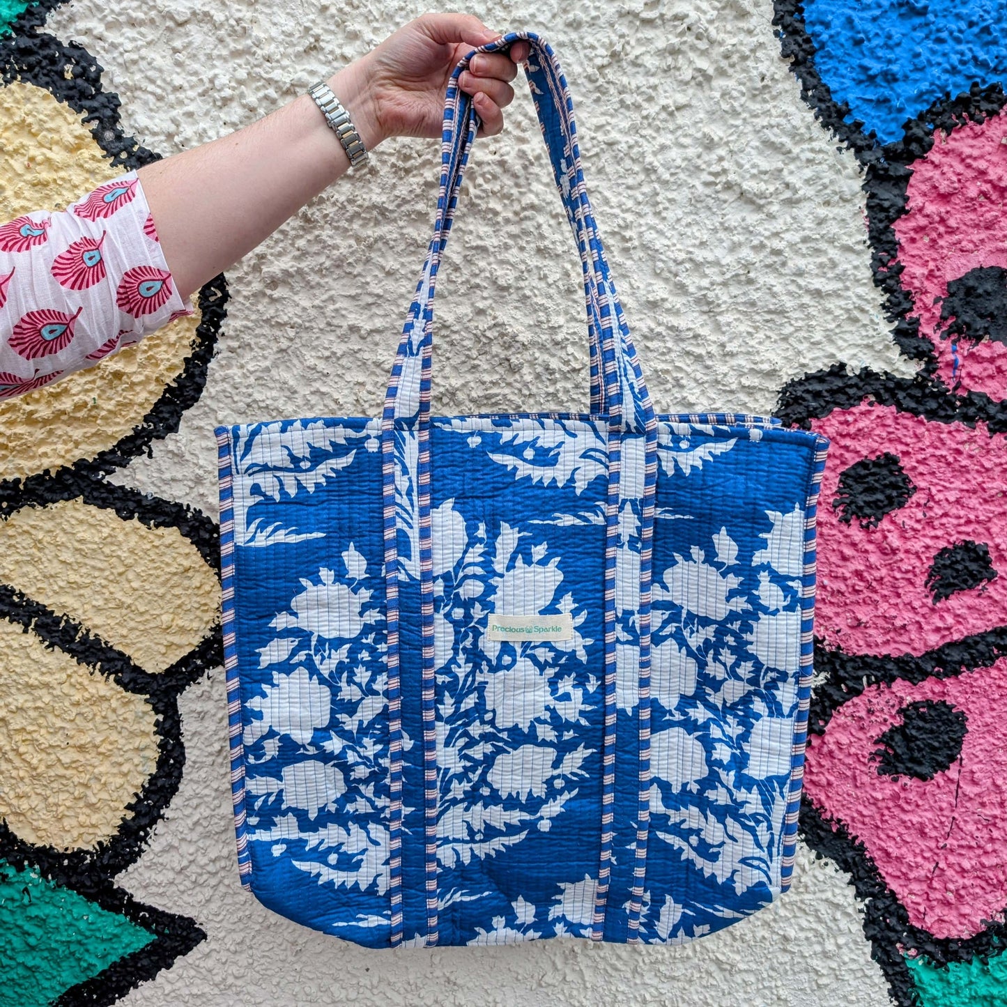 precious sparkle Accessories Cotton Quilted Indian Tote Bag Blue & White Floral