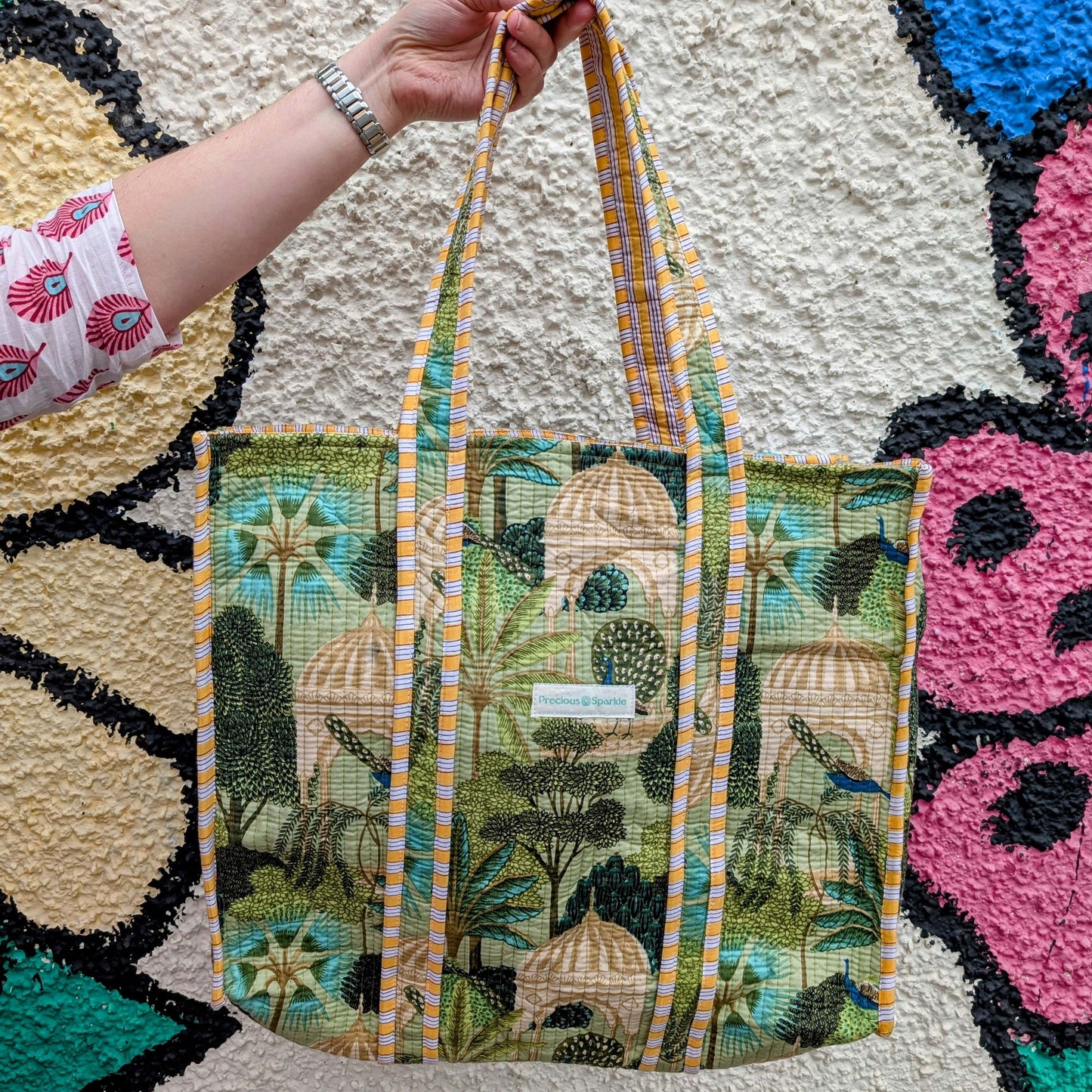 precious sparkle Accessories Cotton Quilted Indian Tote Bag Green Scenic