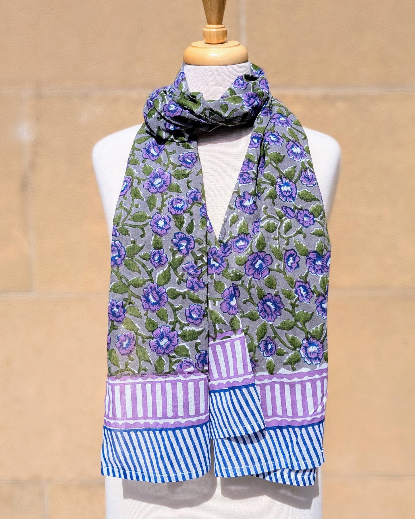 precious sparkle Accessories Green & Purple Floral Stripe Block Print Scarf