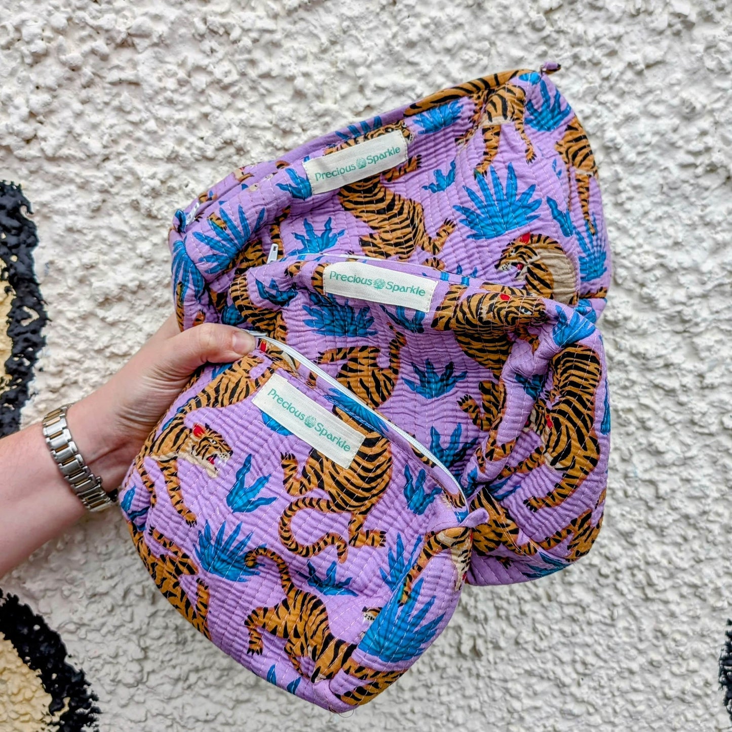 precious sparkle Accessories Lilac Tiger Quilted Cosmetic Bags Set of 3