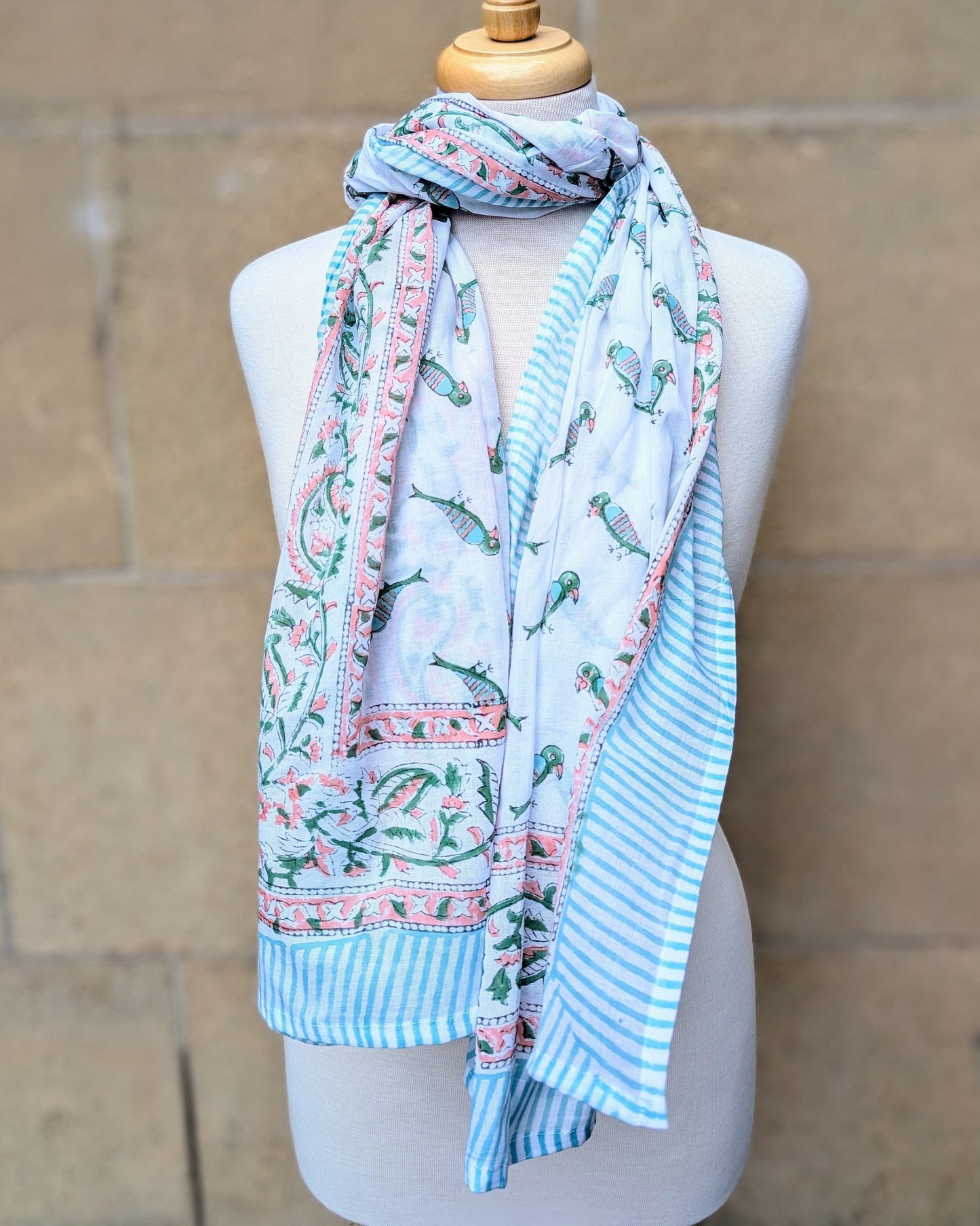 precious sparkle Accessories Peach Blue Parrot Block Print Scarf Sarong