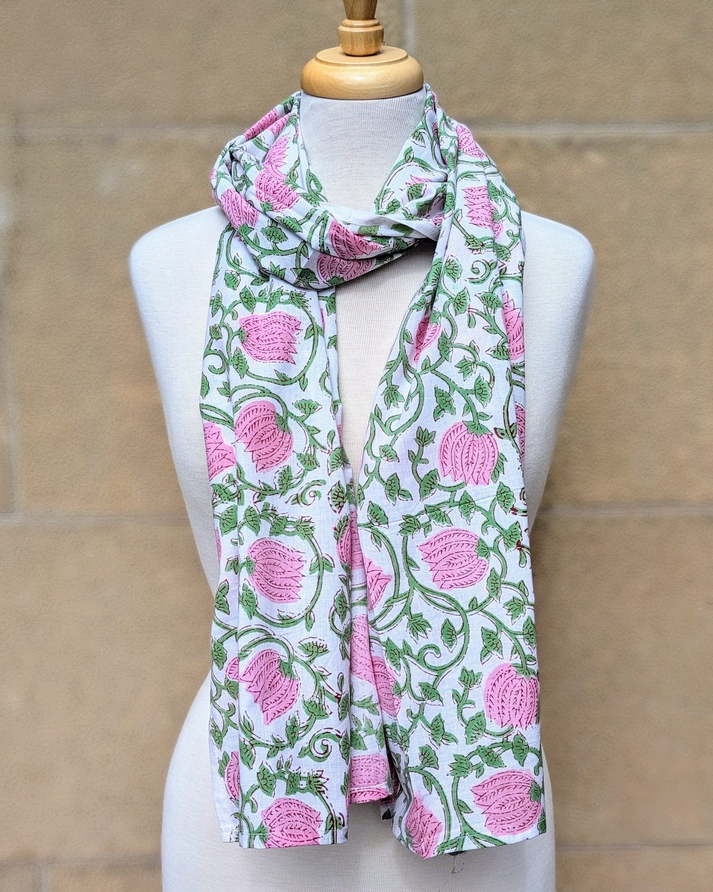 precious sparkle Accessories Pink Bud & Green Floral Block Print Scarf