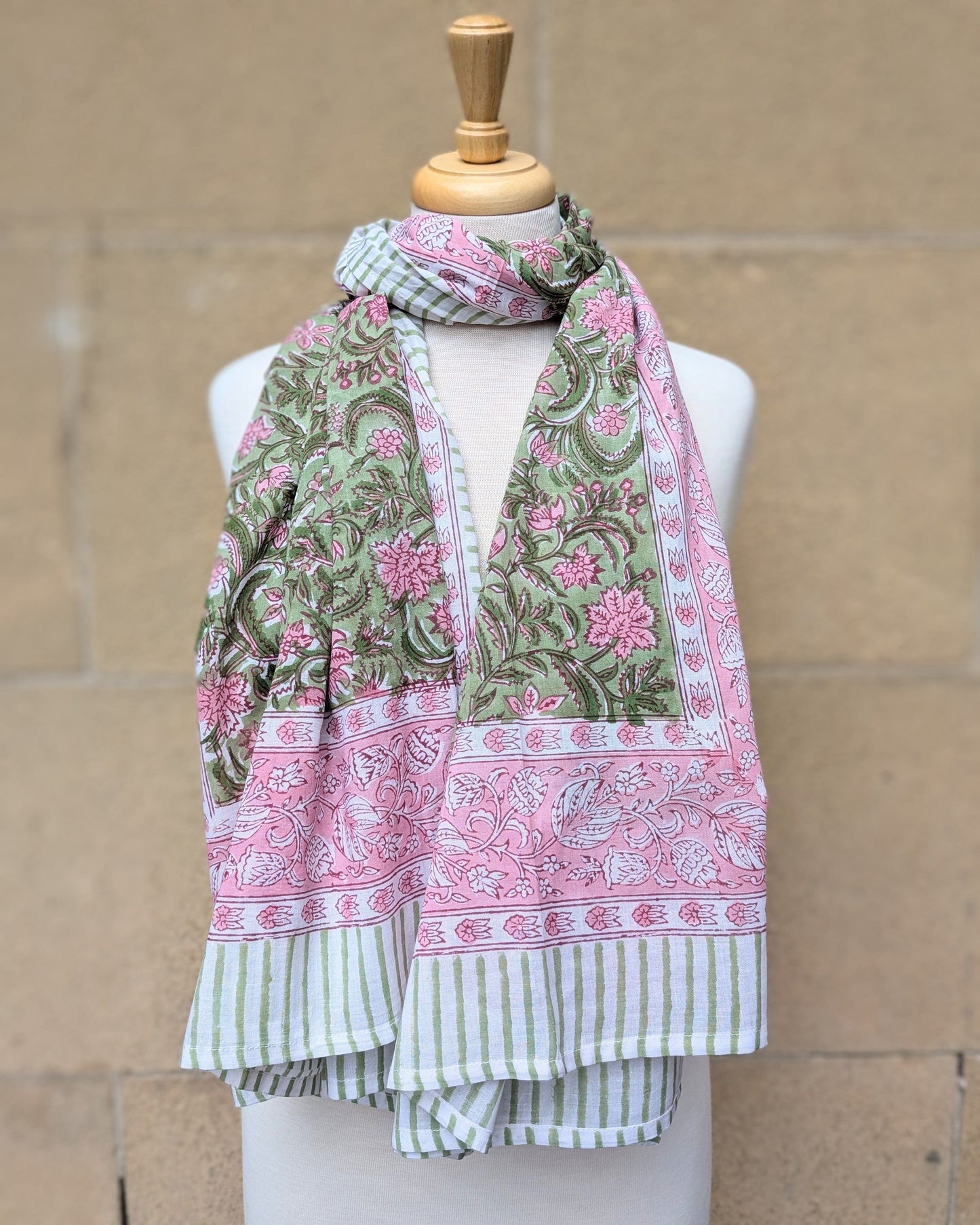 precious sparkle Accessories Pink & Green Floral Stripe Block Print Scarf Sarong