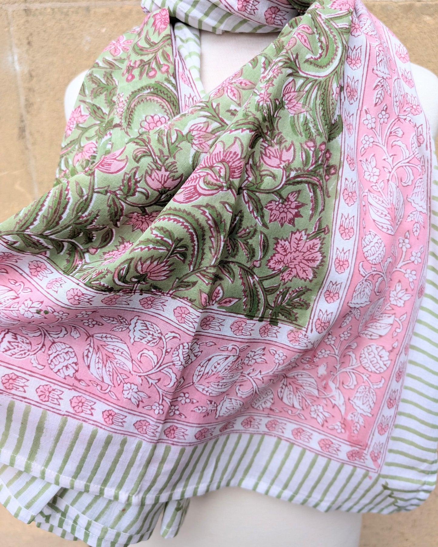 precious sparkle Accessories Pink & Green Floral Stripe Block Print Scarf Sarong
