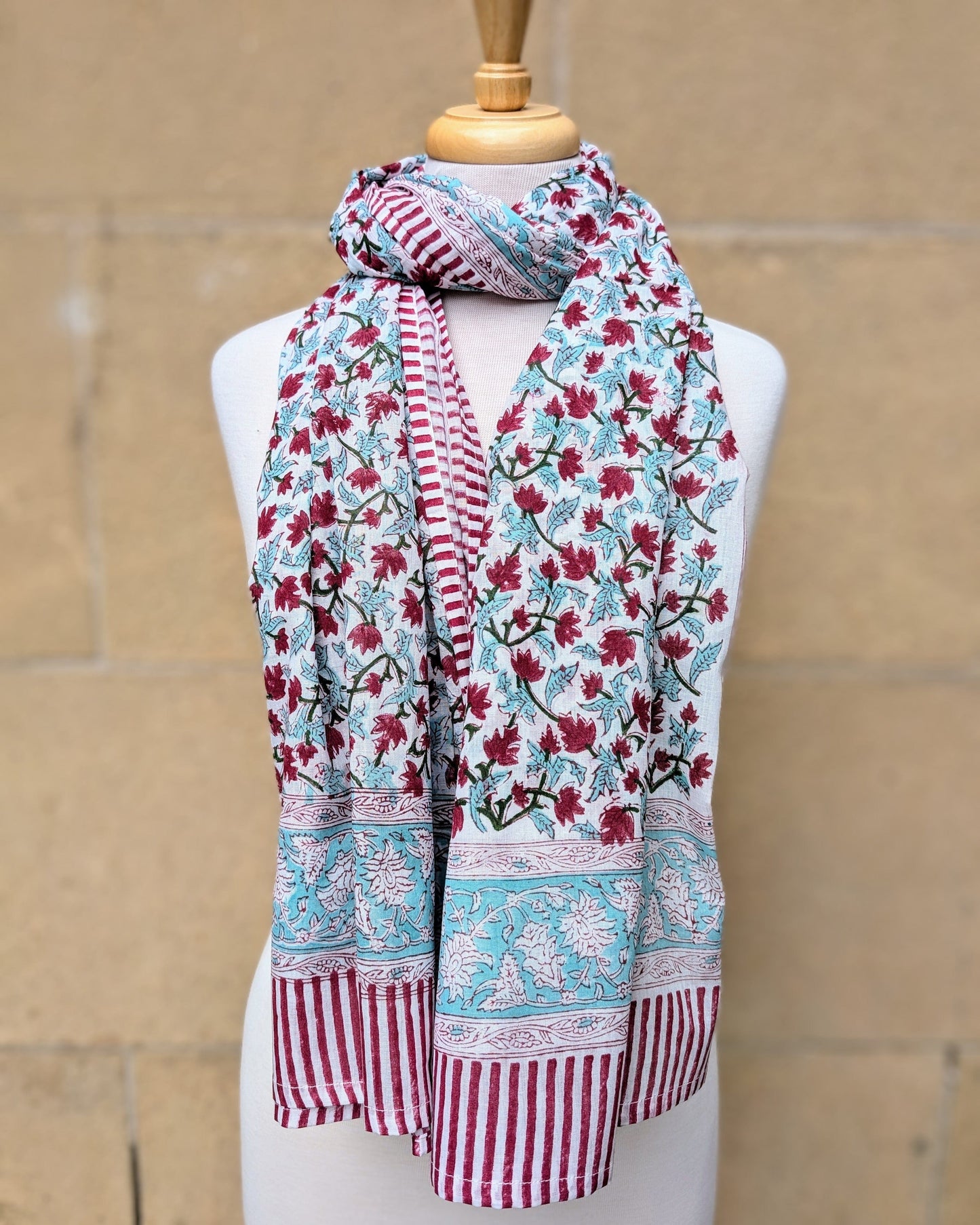 precious sparkle Accessories Turquoise & Red Floral Block Print Scarf Sarong