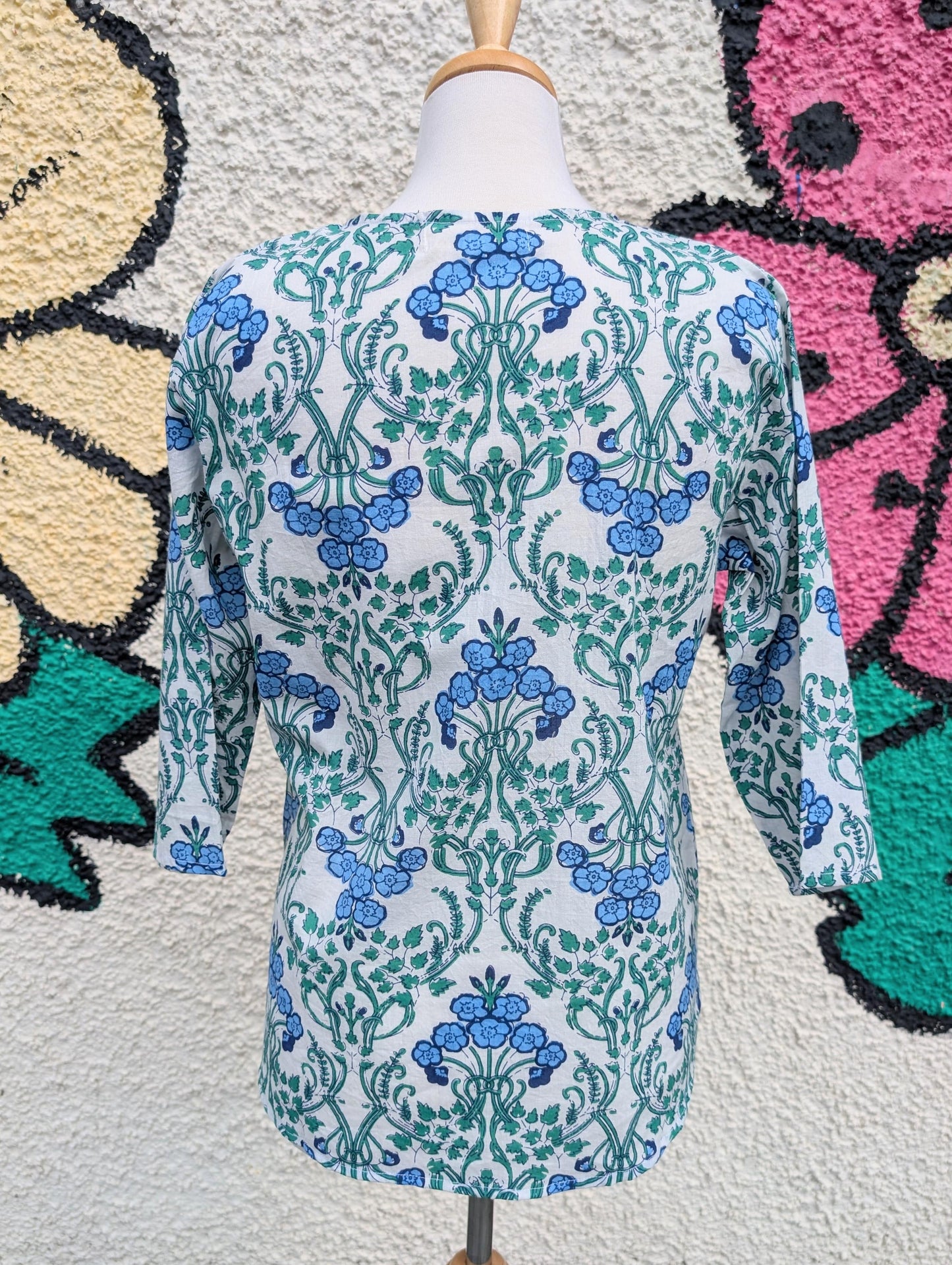 precious sparkle Fashion Blue & Green Art Deco Block Print Cotton Blouse