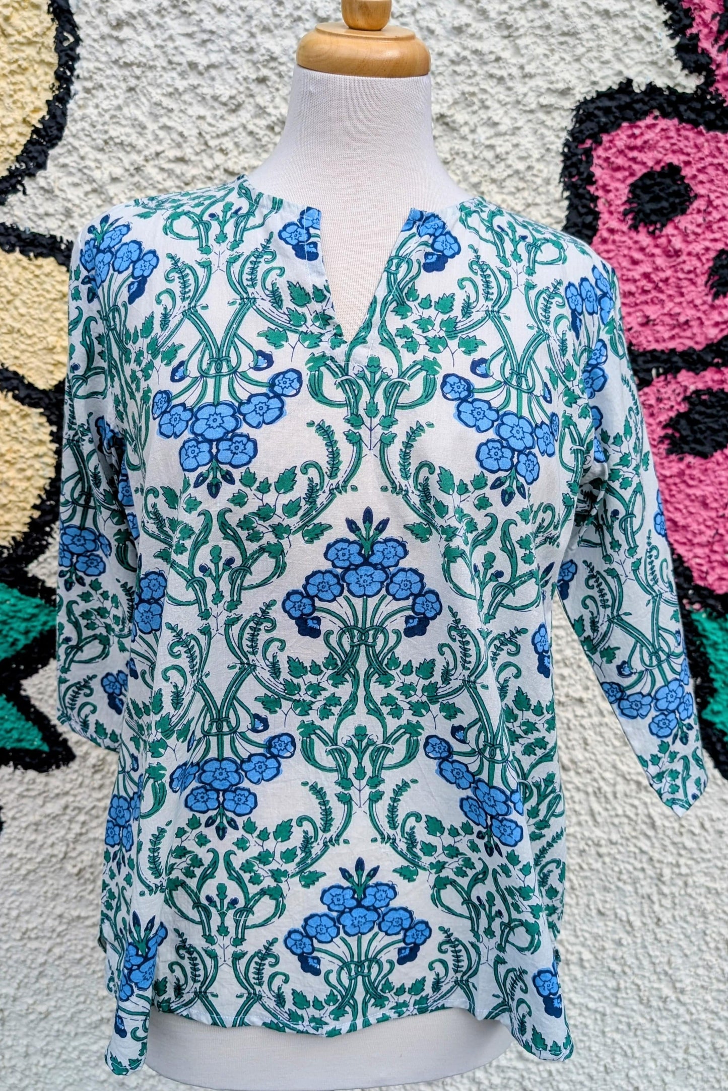precious sparkle Fashion Blue & Green Art Deco Block Print Cotton Blouse