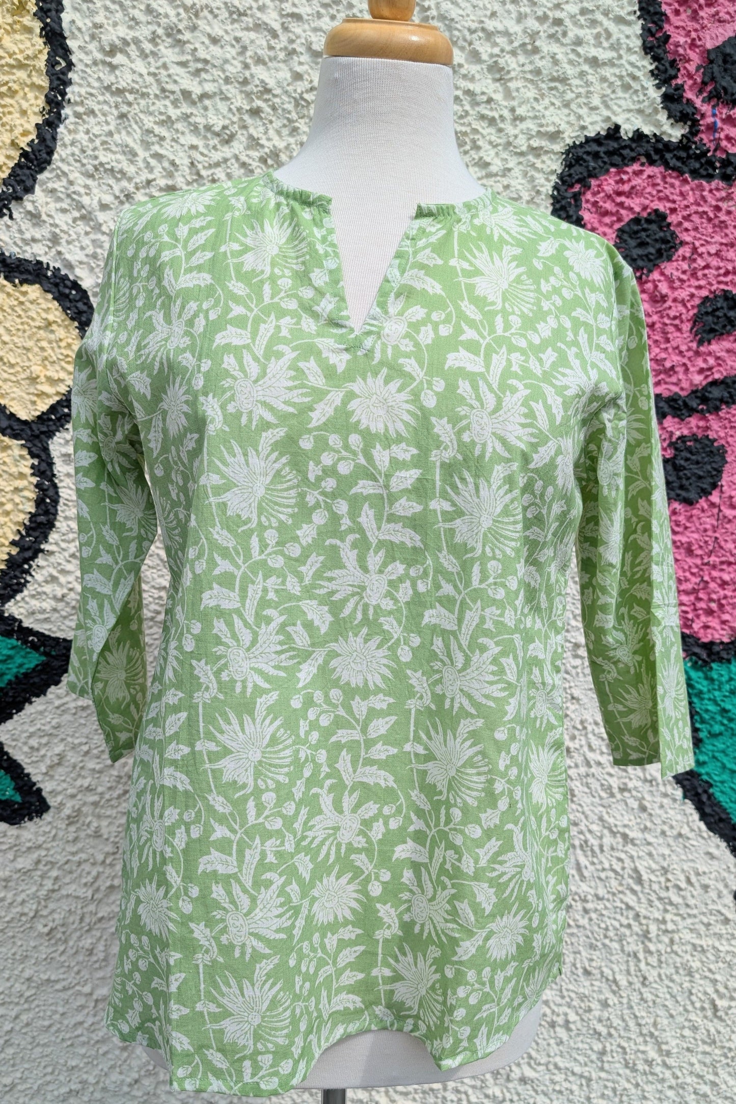 precious sparkle Fashion Pale Green Floral Block Print Cotton Blouse
