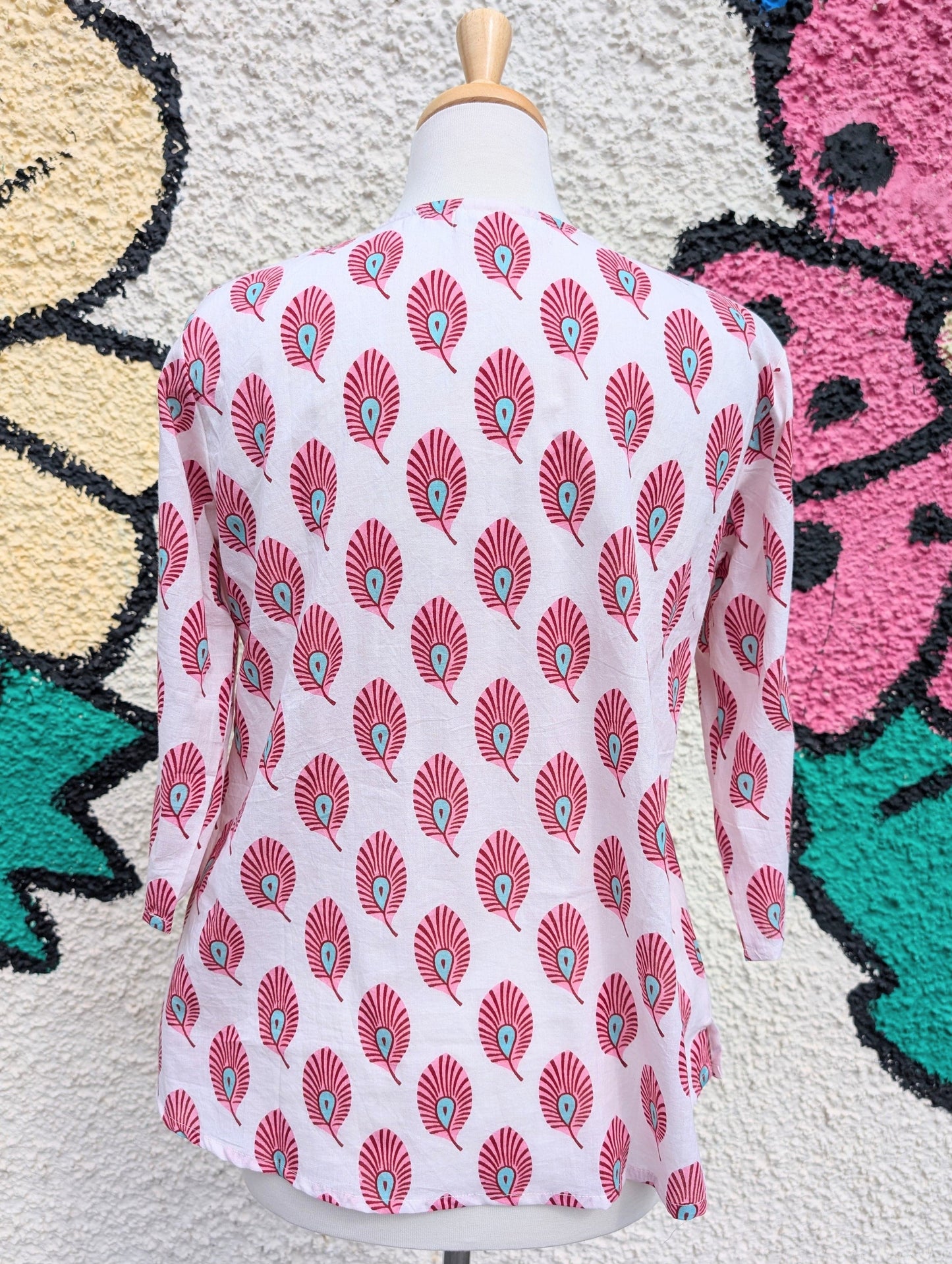 precious sparkle Fashion White Pink Feather Block Print Cotton Blouse