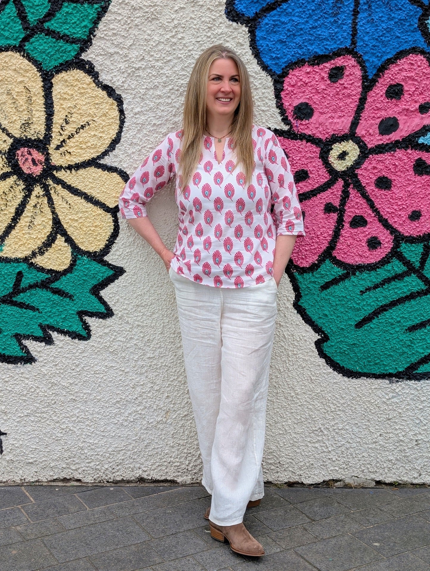 precious sparkle Fashion White Pink Feather Block Print Cotton Blouse