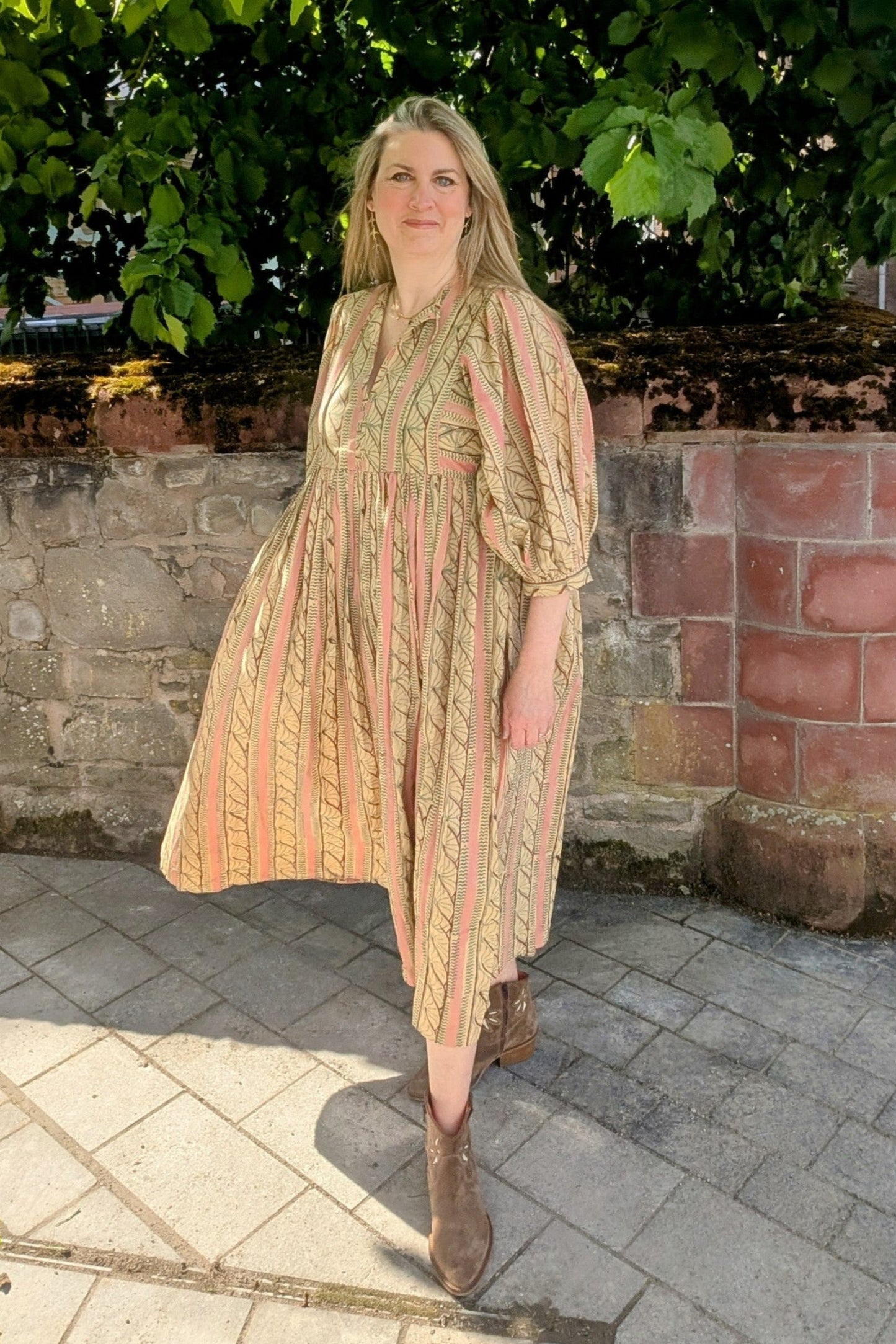 Roberta Pink Beige Block Printed Cotton Boho Dress - Precious Sparkle