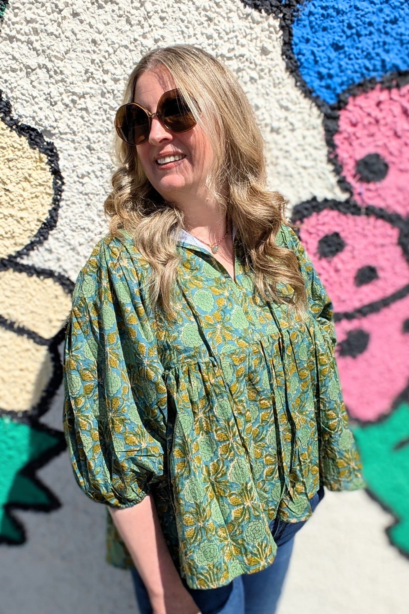 Joni Teal Green Floral Block Print Peasant Cotton Blouse - Precious Sparkle