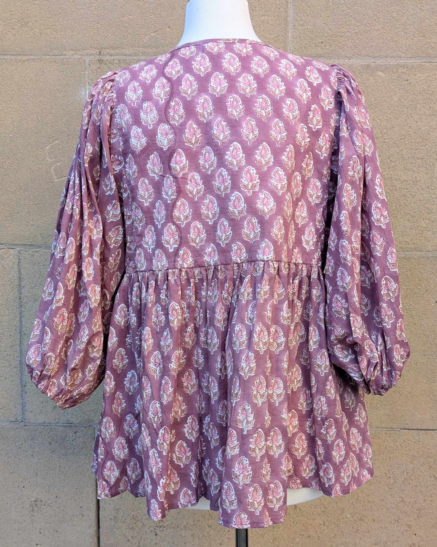 Joni Mauve Floral Block Print Peasant Cotton Blouse - Precious Sparkle