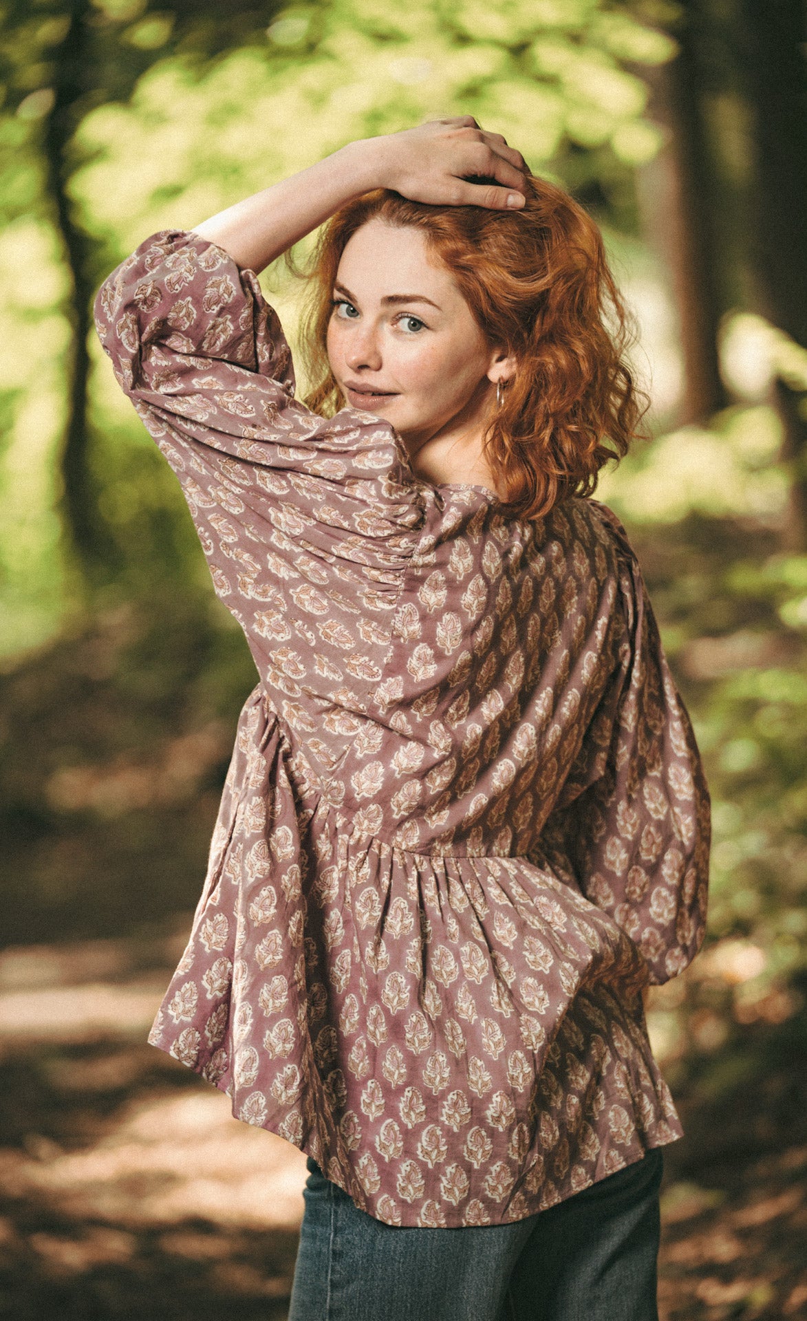 Joni Mauve Floral Block Print Peasant Cotton Blouse - Precious Sparkle