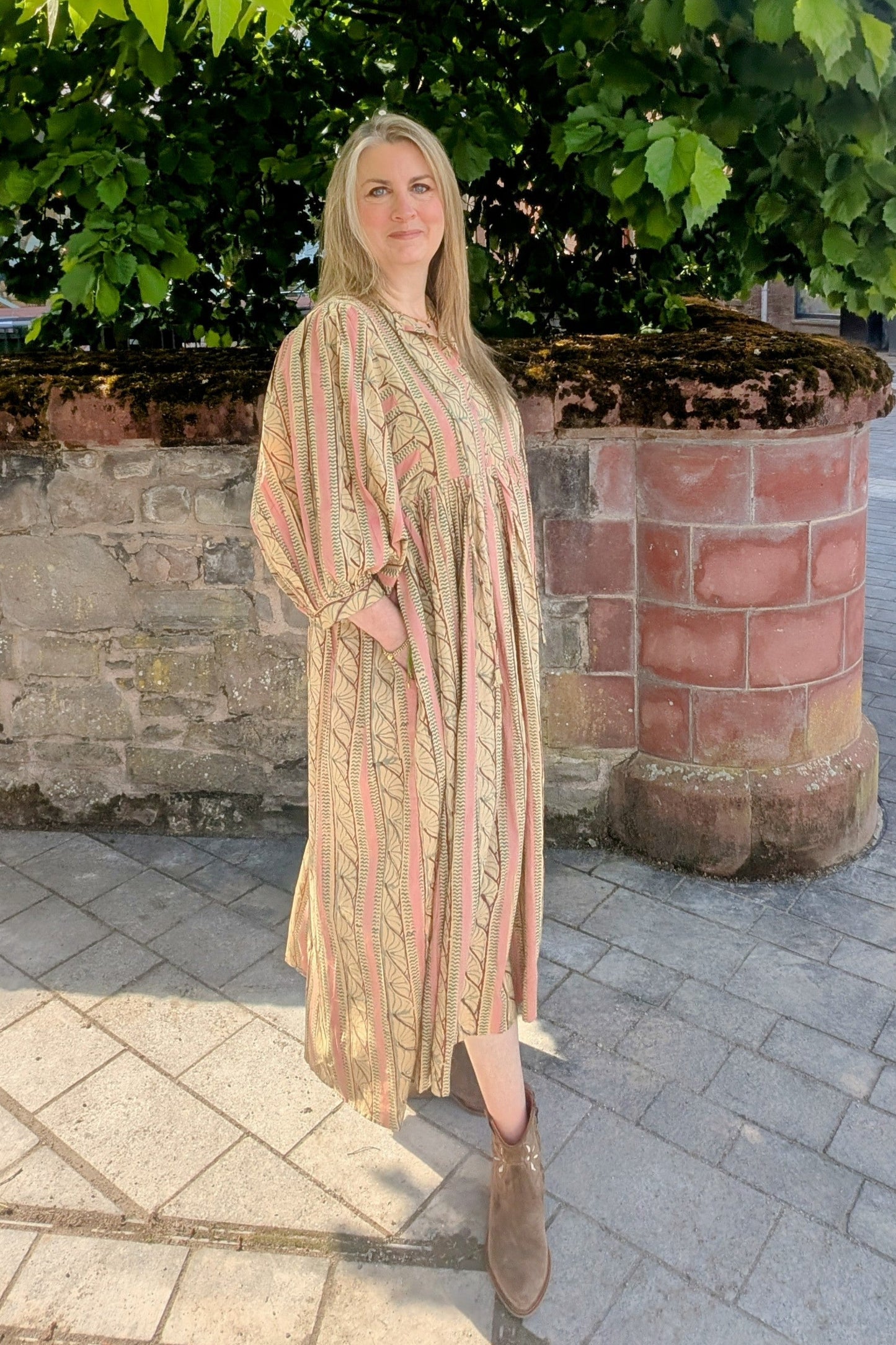 Roberta Pink Beige Block Printed Cotton Boho Dress - Precious Sparkle