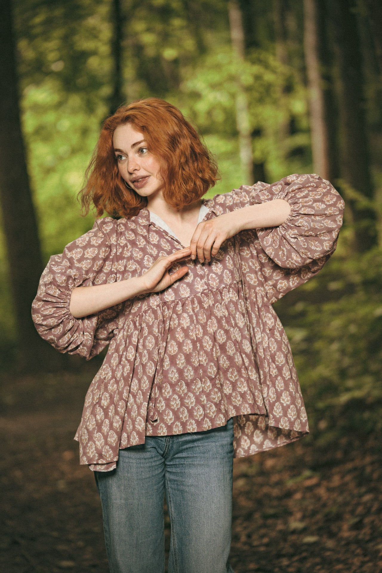 Joni Mauve Floral Block Print Peasant Cotton Blouse - Precious Sparkle