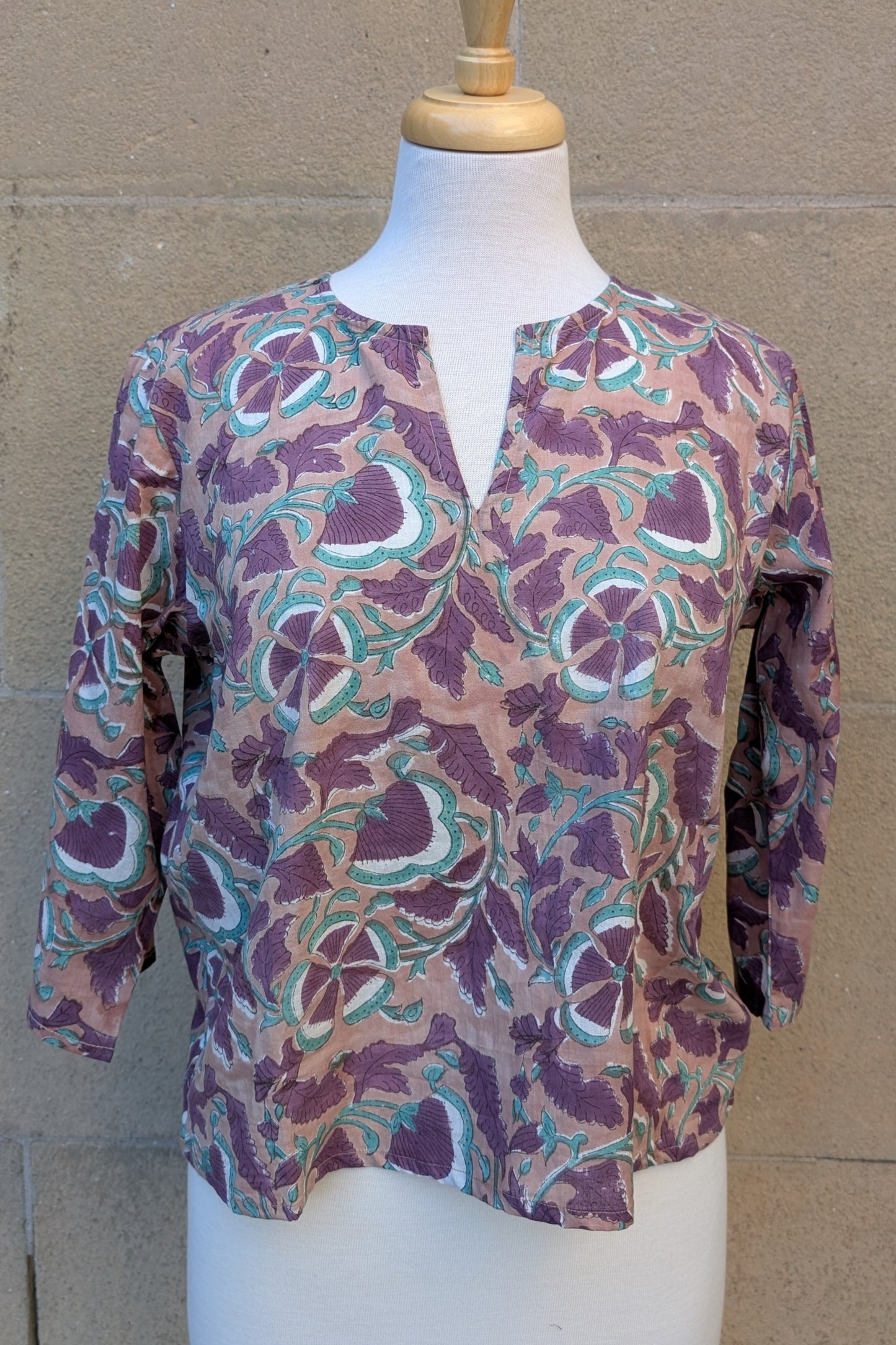 Janis Taupe & Purple Floral Block Print Cotton Blouse Short Length - Precious Sparkle